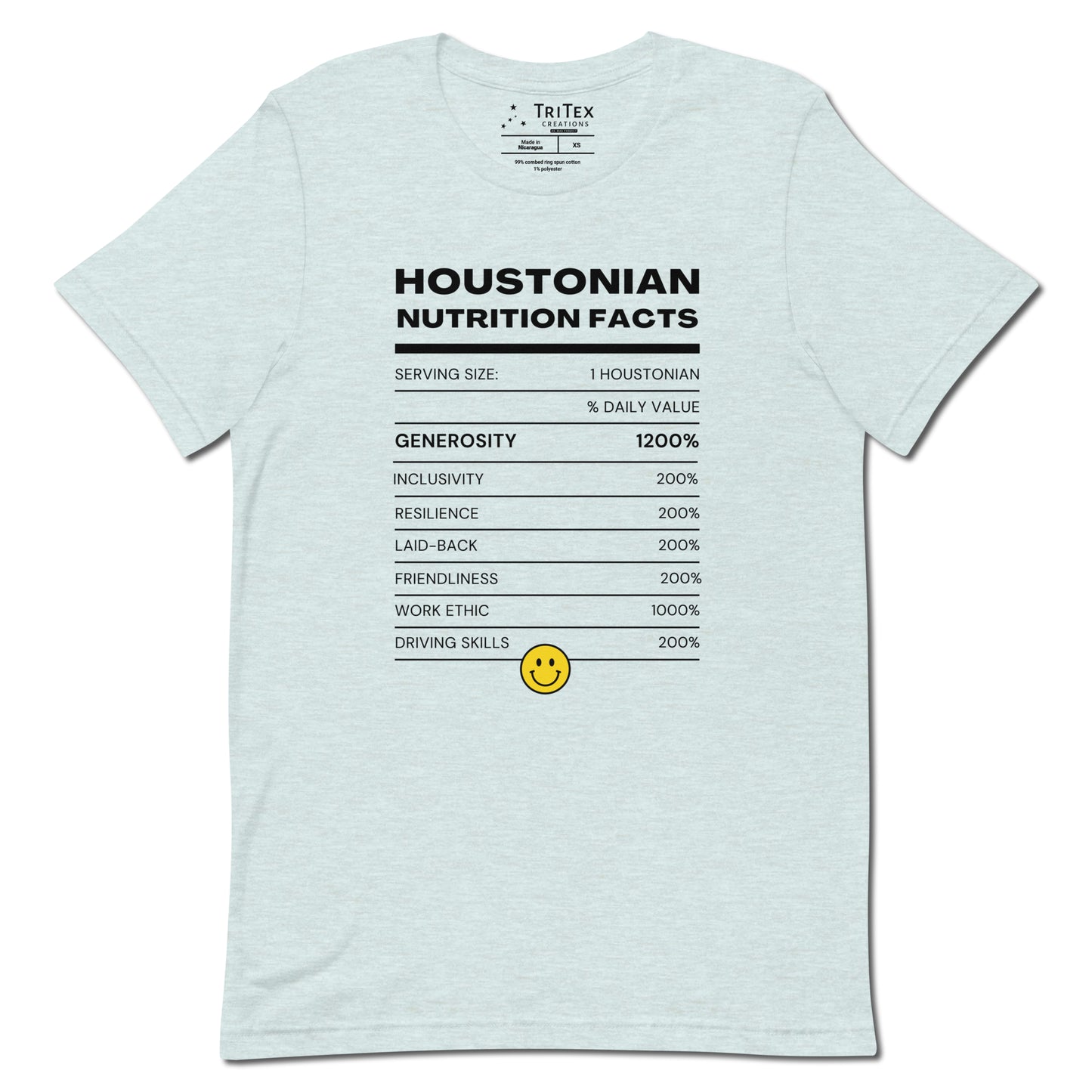 A heather prism ice blue t-shirt with a list of descriptive characteristics of someone that lives in Houston.