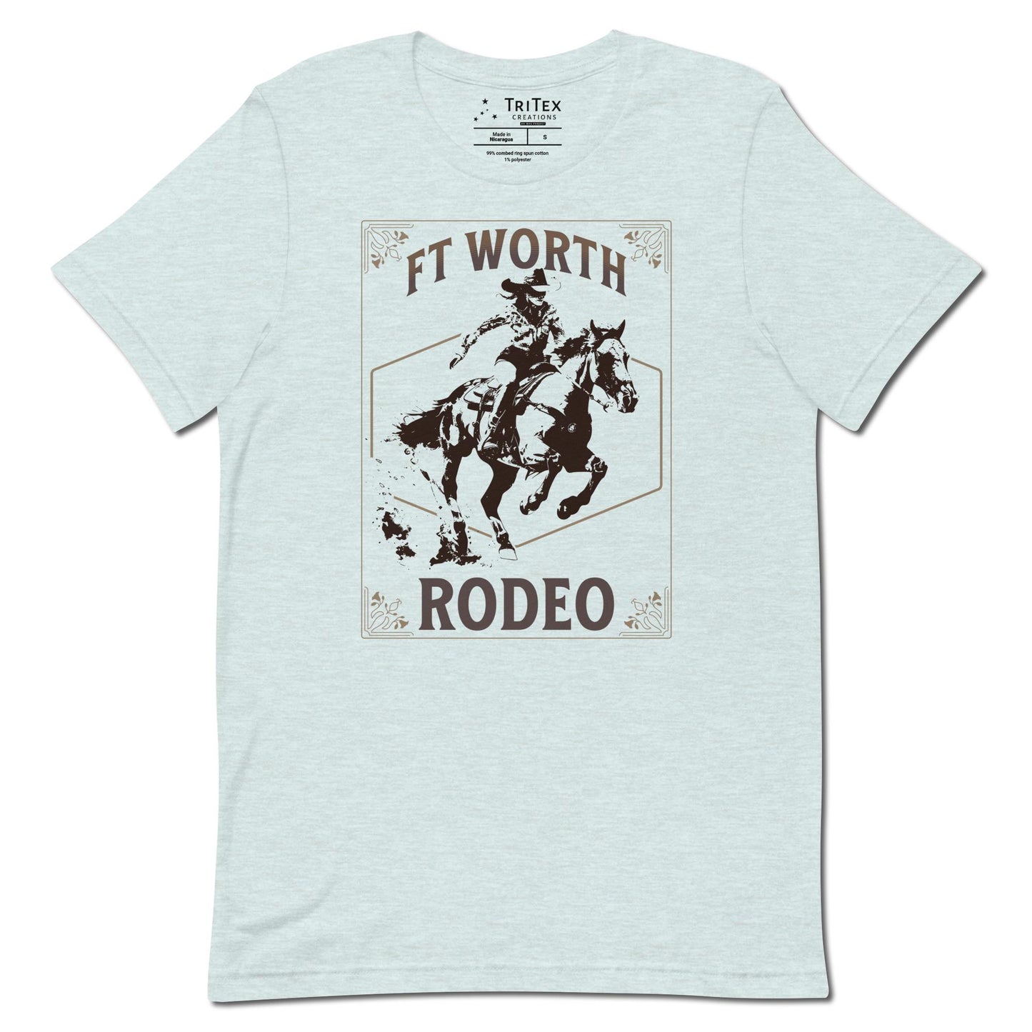 A heather prism ice blue t-shirt featuring a cowgirl on a horse with a decorative border and the words "Ft Worth Rodeo".