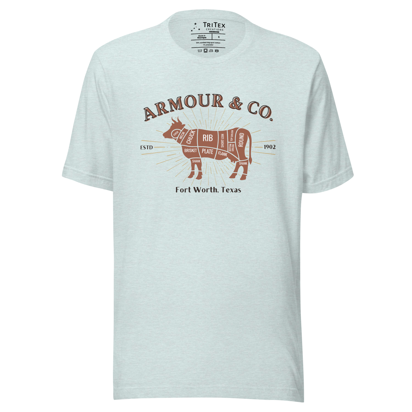 A heather prism ice blue t-shirt featuring a silhouette of a cow with the different cuts of meat and the text "Armour & Co. Estd 1902 Fort Worth, Texas".