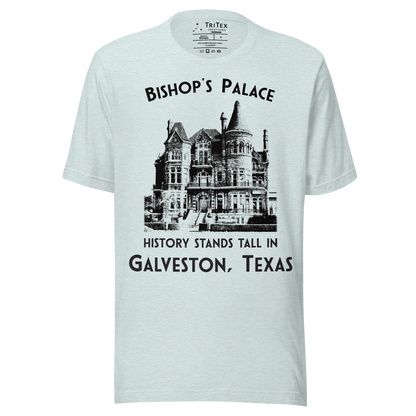A heather prism ice blue t-shirt featuring a vintage-style picture of Bishop's Palace with the text "Bishop's Palace. History stands tall in Galveston, Texas".