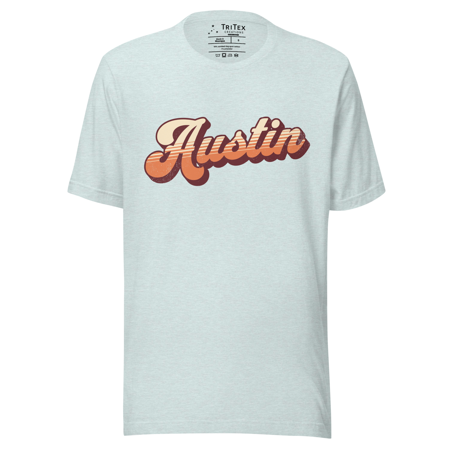 A heather prism ice blue t-shirt with a retro style Austin in a vintage font.