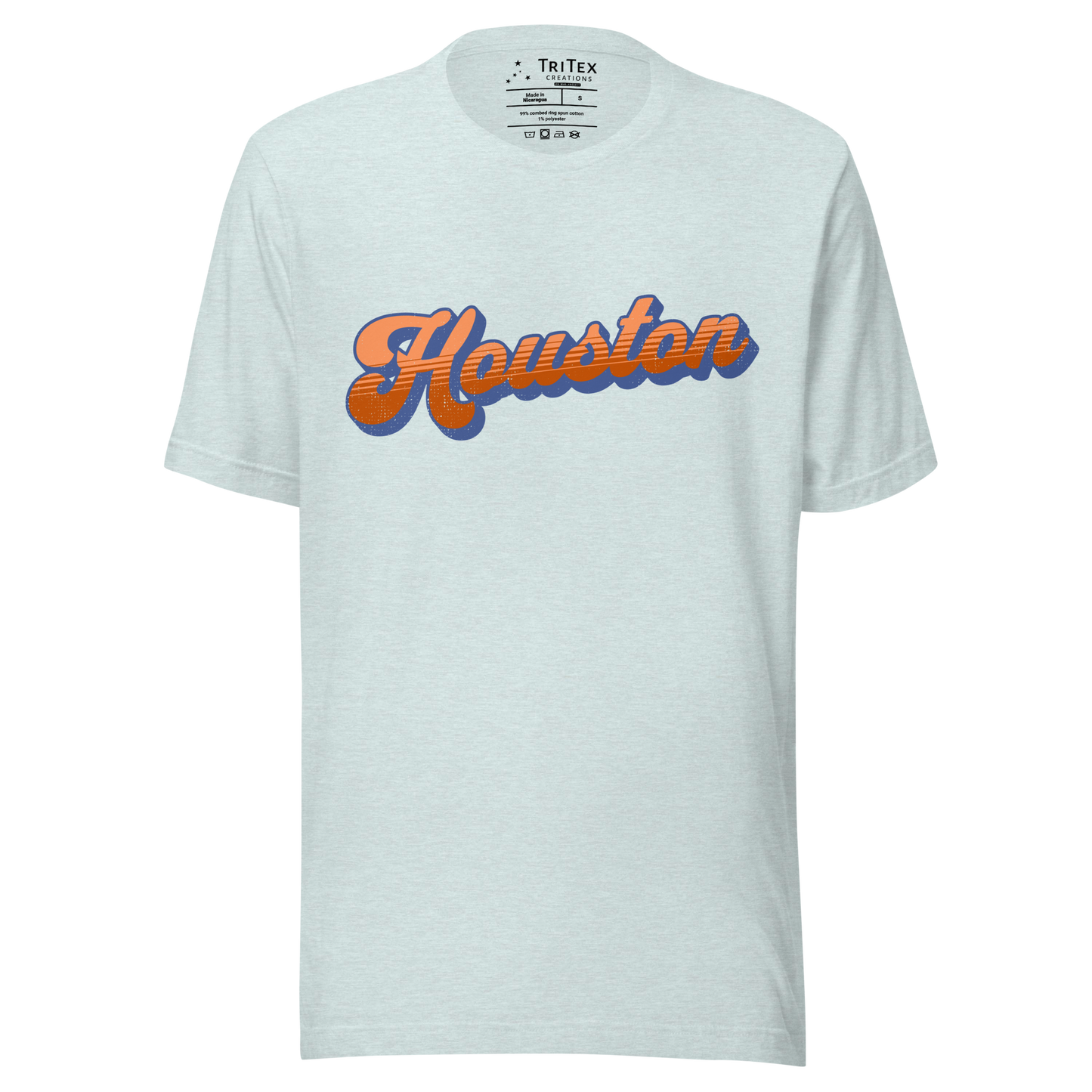 A heather prism ice blue t-shirt with a retro style Houston in a vintage font.