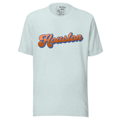 A heather prism ice blue t-shirt with a retro style Houston in a vintage font.