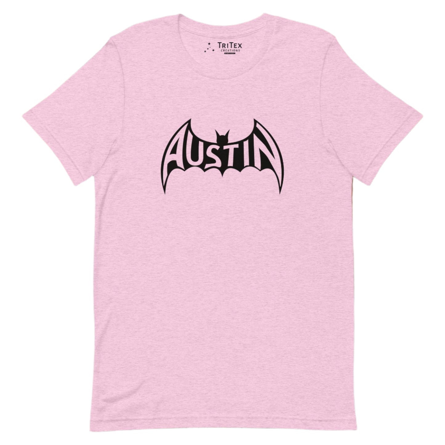 A heather prism lilac t-shirt featuring a silhouette of a bat with Austin inside.