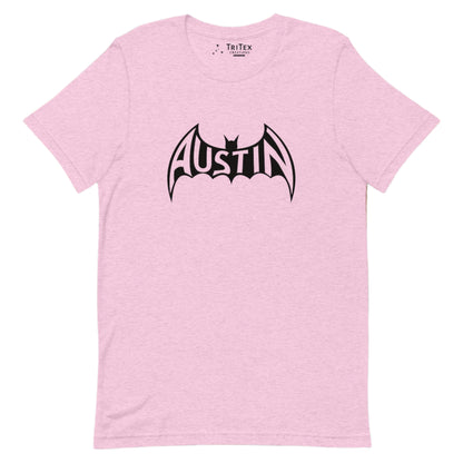 A heather prism lilac t-shirt featuring a silhouette of a bat with Austin inside.