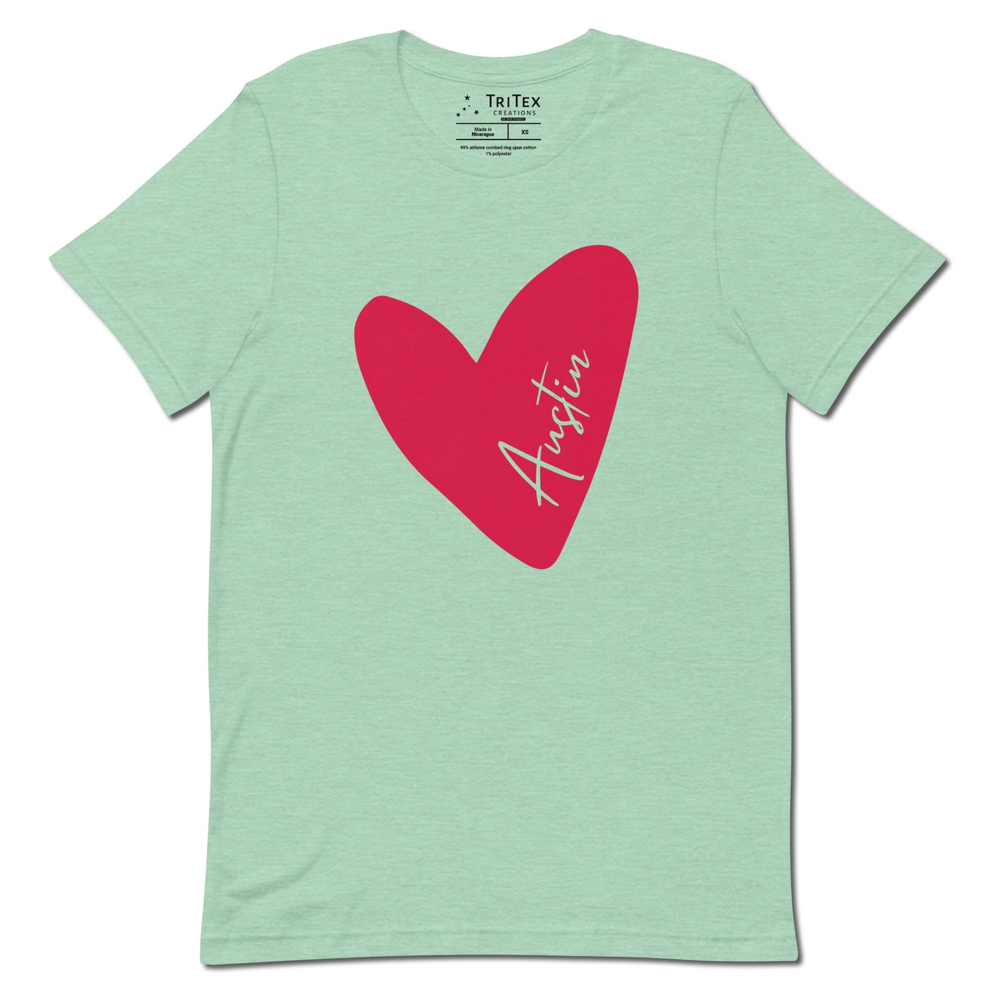 A heather prism mint t-shirt featuring a heart with Austin written in it.