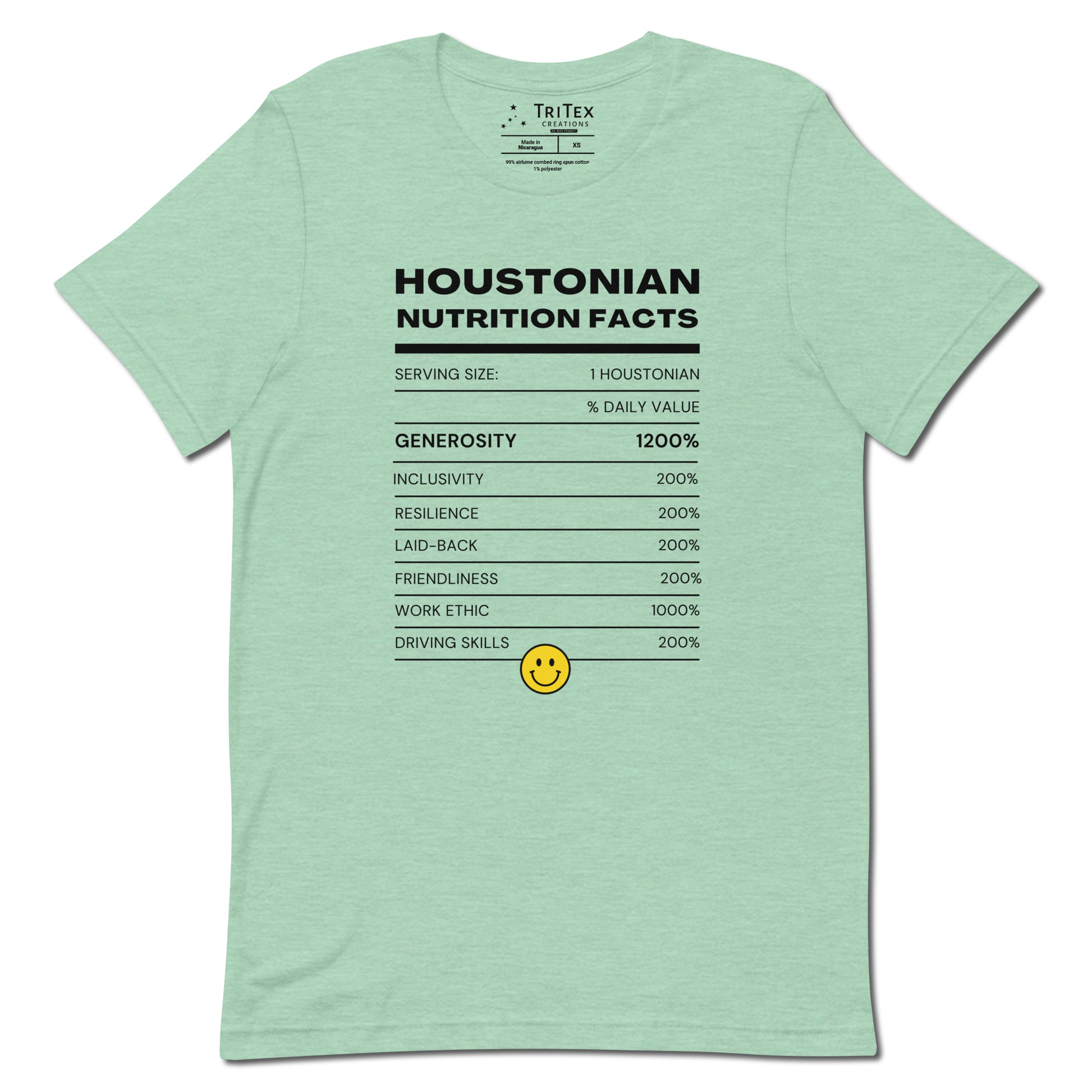 A heather prism mint t-shirt with a list of descriptive characteristics of someone that lives in Houston.