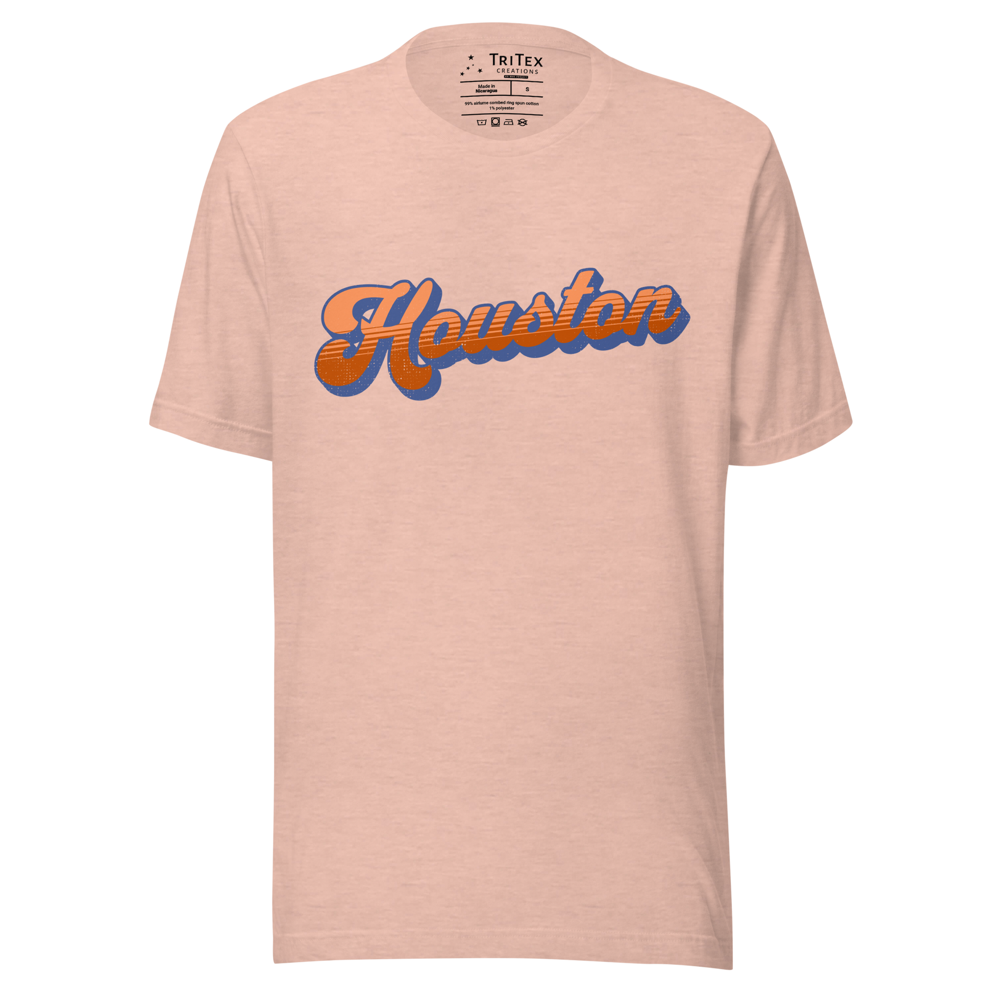 A heather prism peach t-shirt with a retro style Houston in a vintage font.