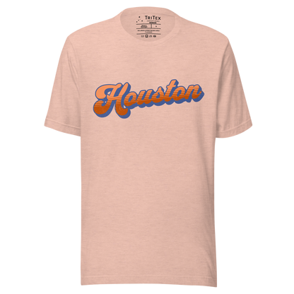 A heather prism peach t-shirt with a retro style Houston in a vintage font.
