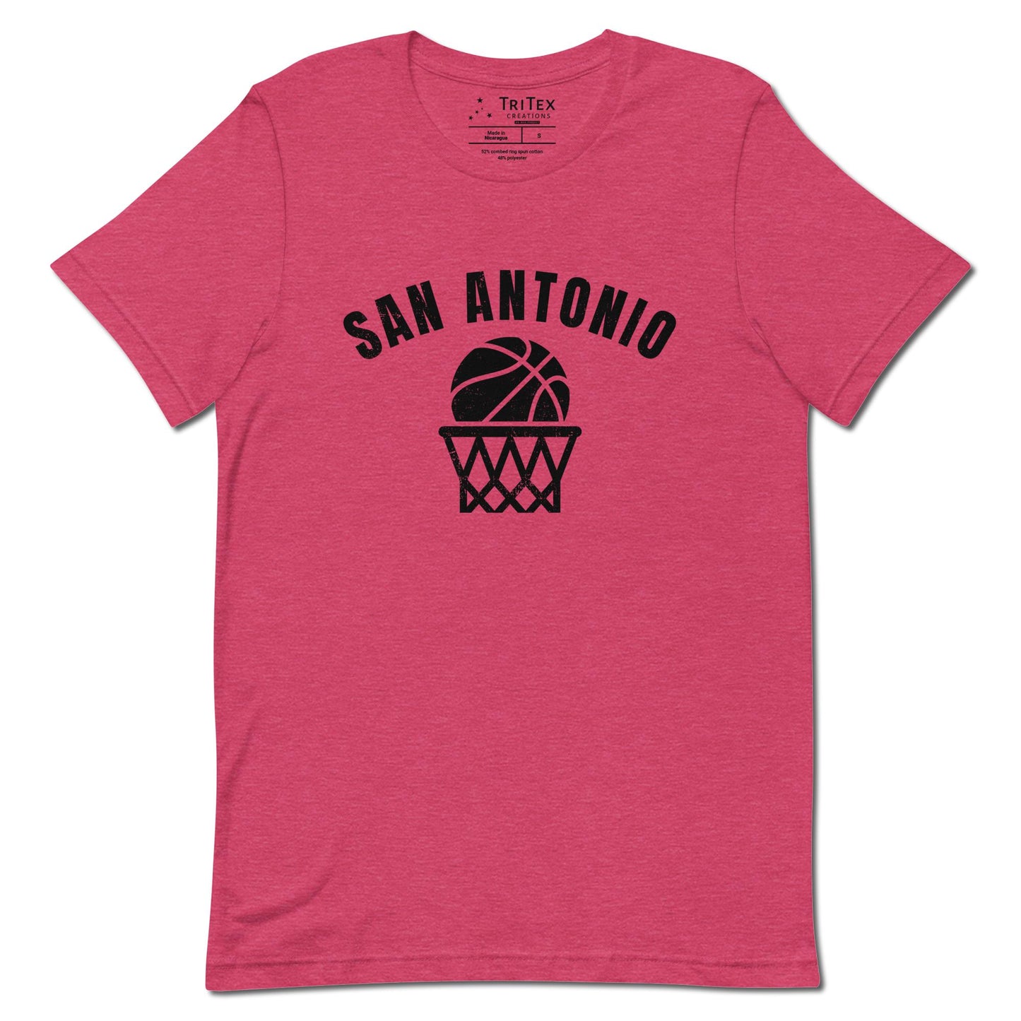 A heather raspberry t-shirt featuring a basketball and net with the words "San Antonio".