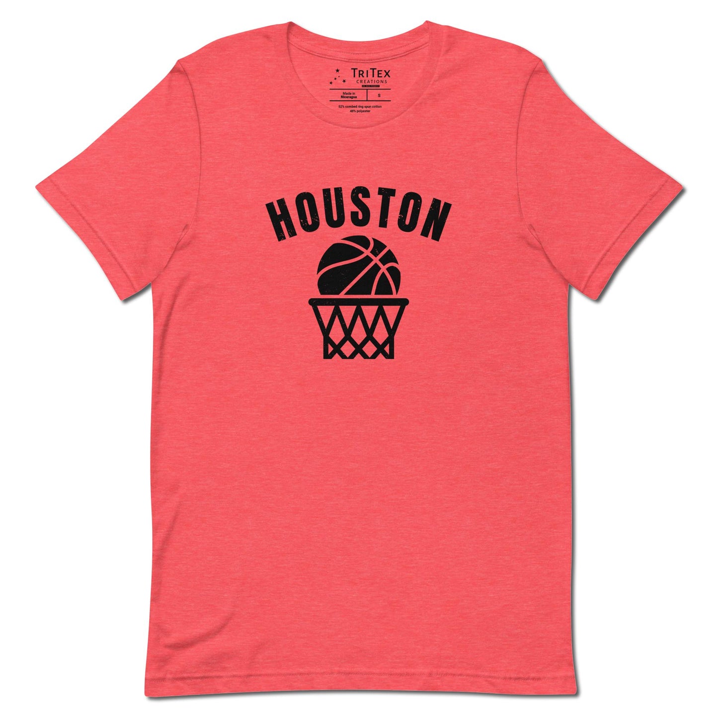 A heather red t-shirt featuring a basketball and net with the words "Houston".