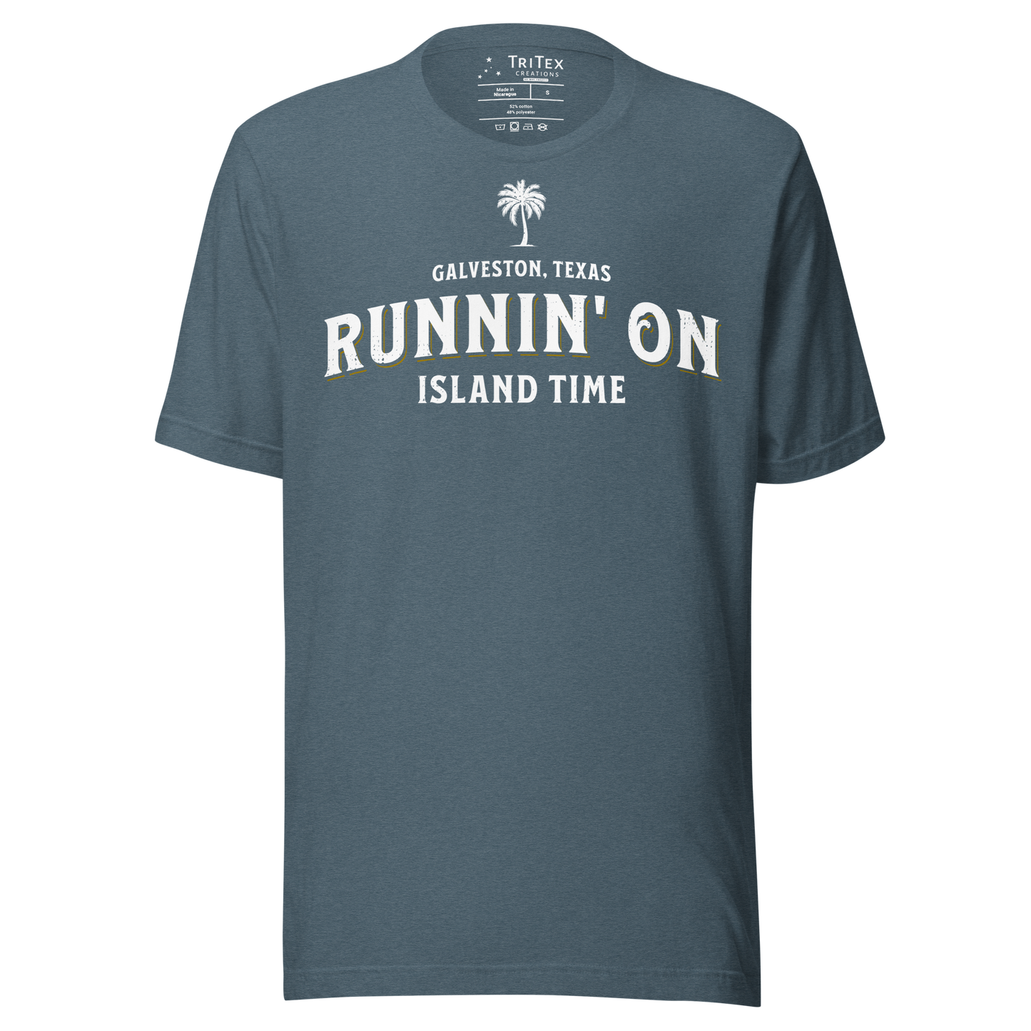 A heather slate t-shirt featuring a silhouette of a palm tree with the words "Galveston, Texas. Runnin' on island time".