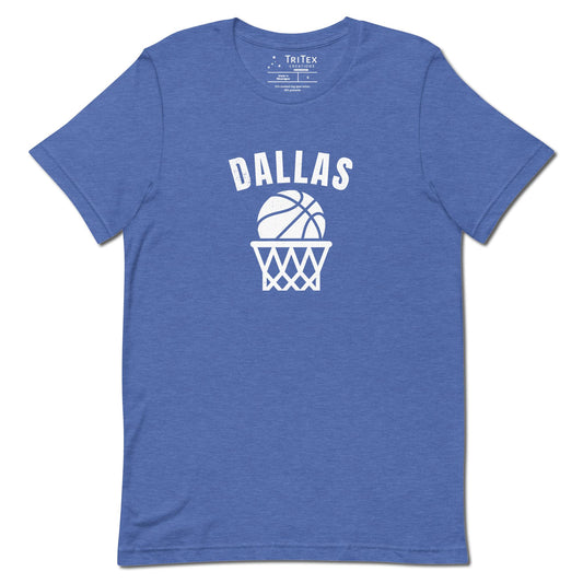 A heather true royal t-shirt featuring a basketball and net with the words "Dallas".