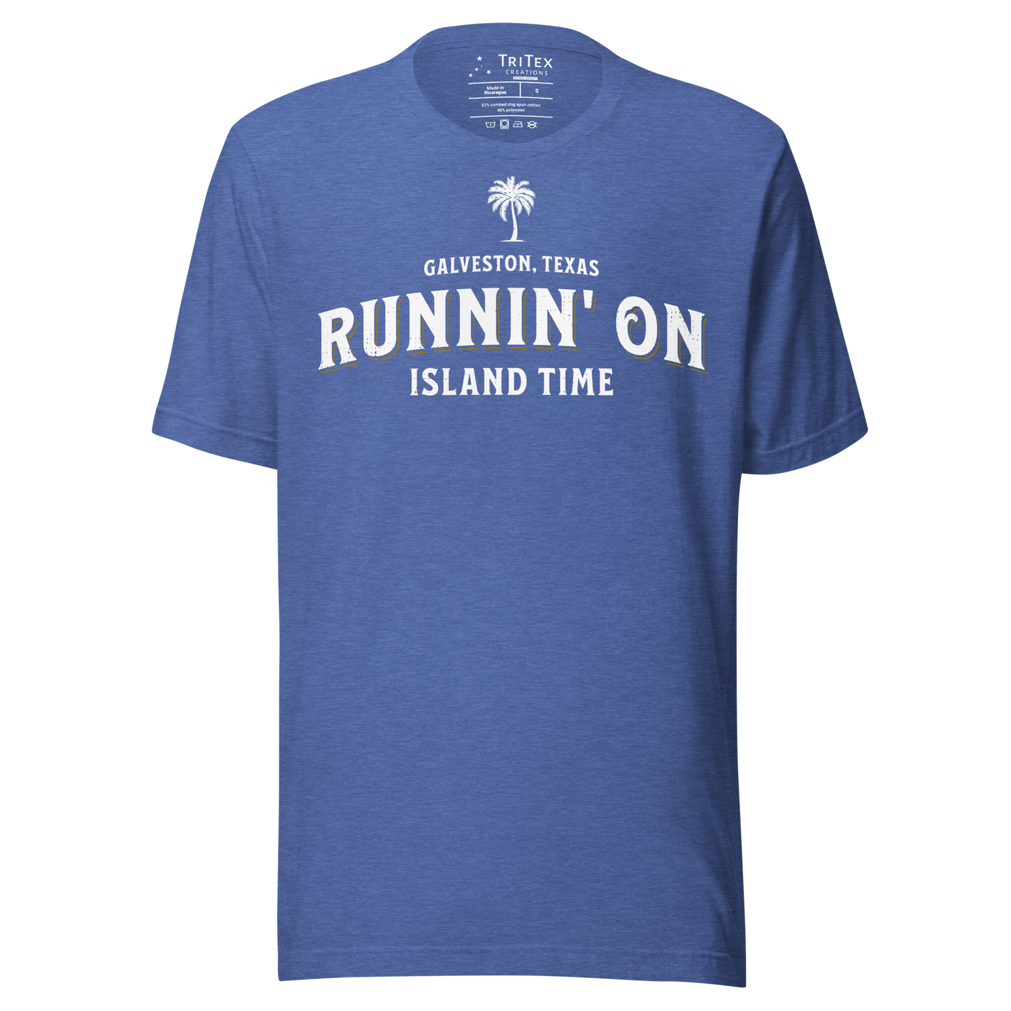 A heather true royal t-shirt featuring a silhouette of a palm tree with the words "Galveston, Texas. Runnin' on island time".