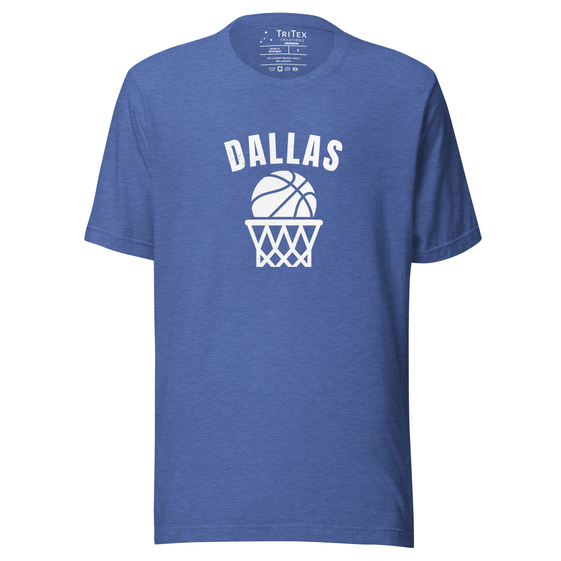 A heather true royal blue t-shirt featuring a basketball and a hoop with the words “Dallas”.