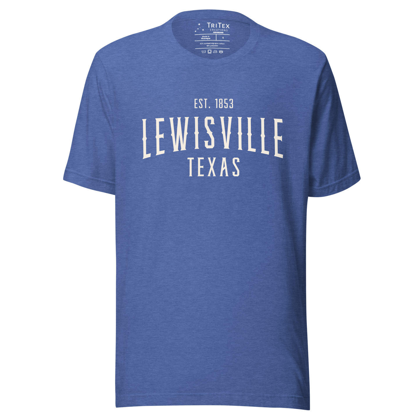 A heather true royal blue t-shirt with the words "Lewisville Texas Est. 1853".