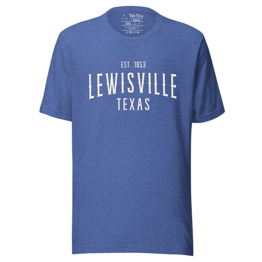A heather true royal blue t-shirt with the words "Lewisville Texas Est. 1853".