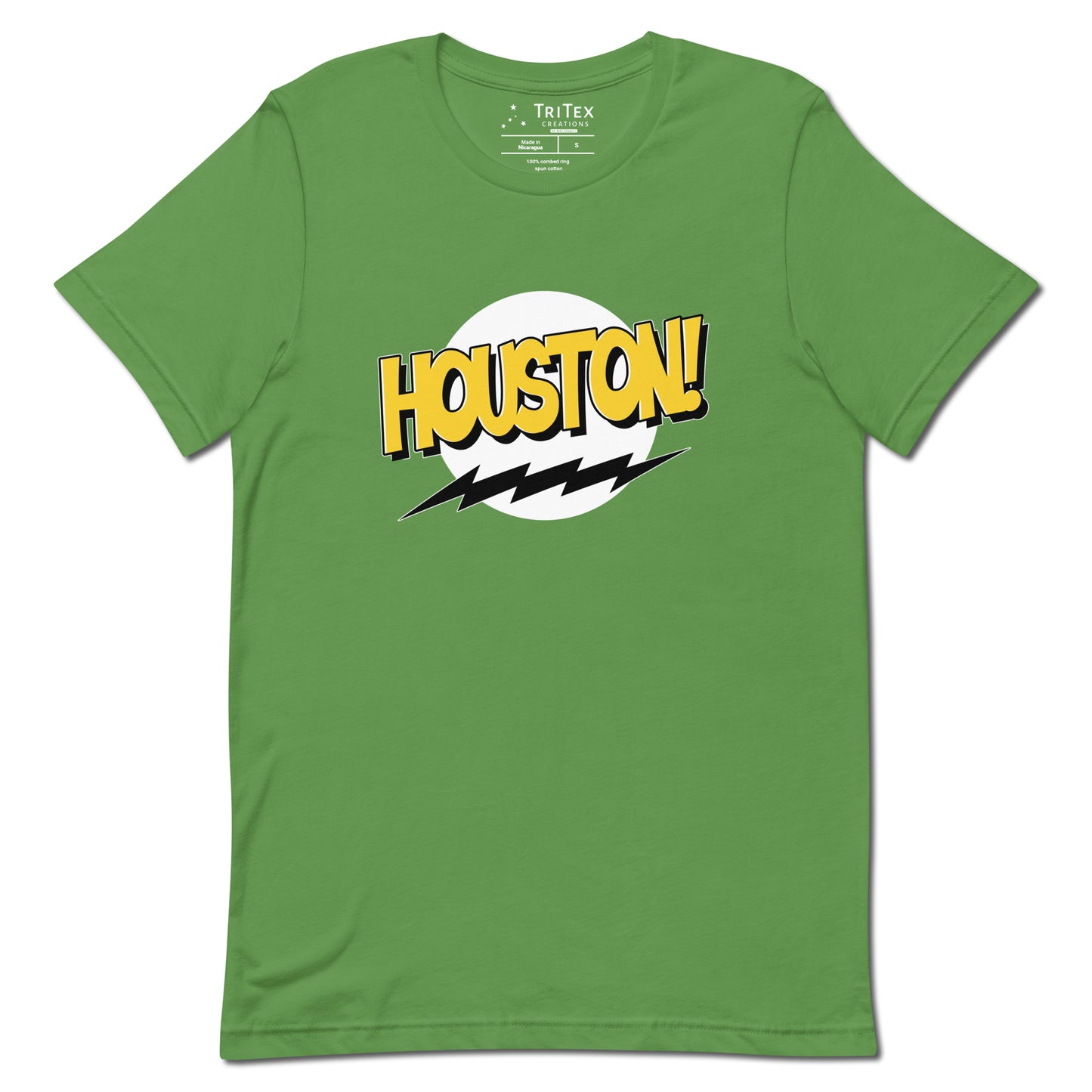 A leaf green t-shirt with the words "Houston!" in the style of a Sheldon Cooper Bazinga-shirt.