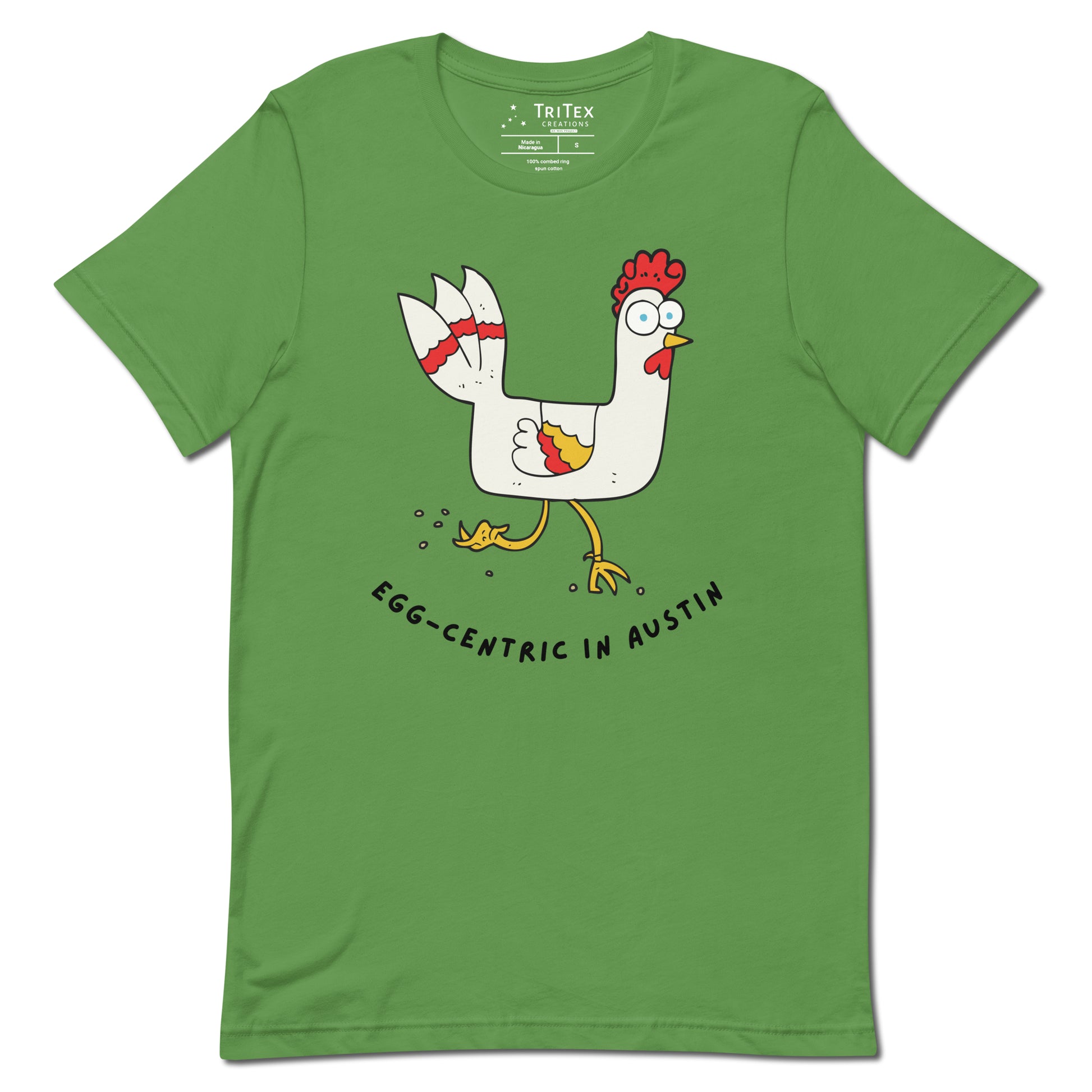 A leaf green shirt featuring a strange looking rooster with text reading "Egg-Centric in Austin".