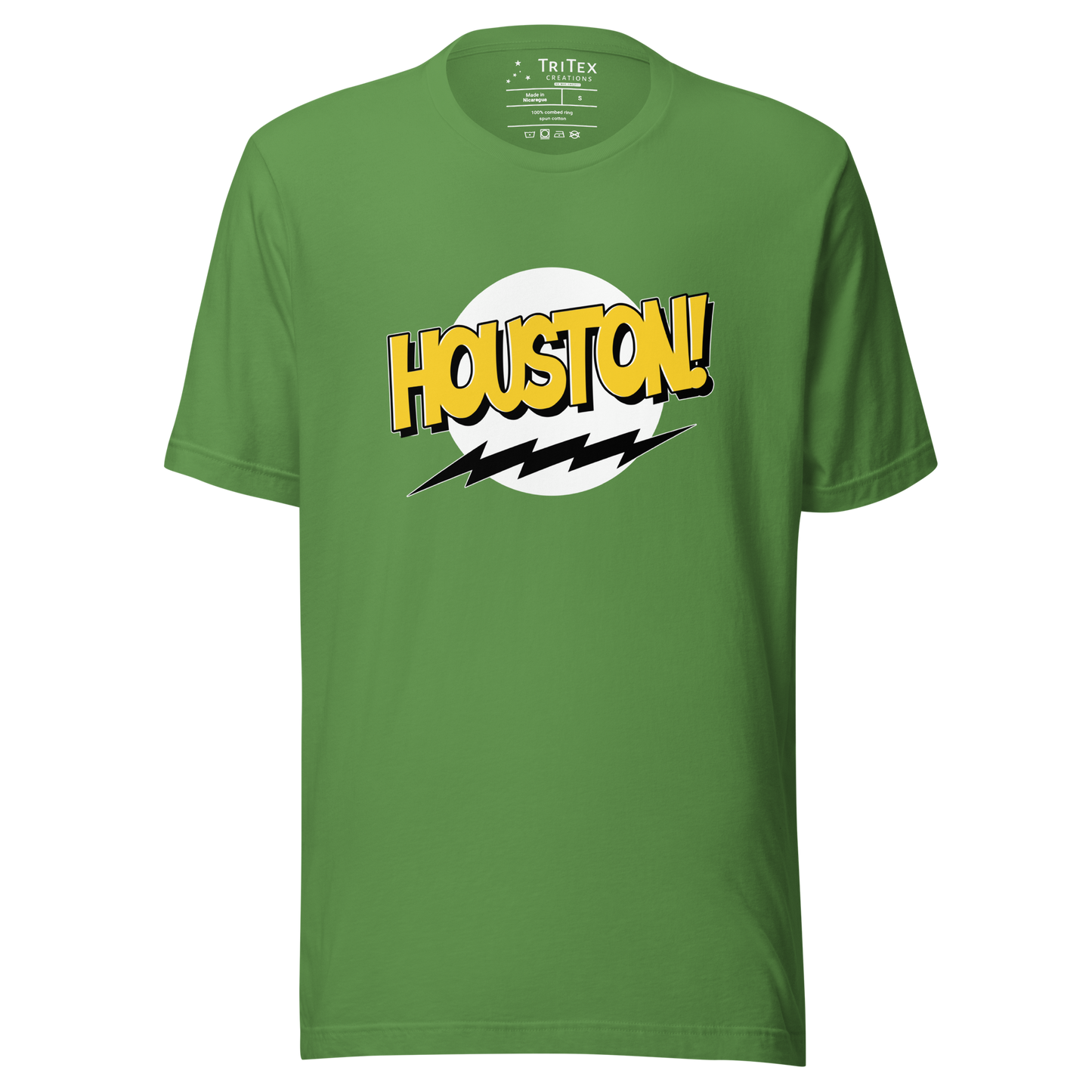 A leaf green t-shirt with the words "Houston!" in the style of a Sheldon Cooper Bazinga-shirt.