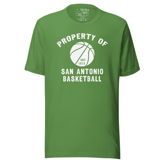 A leaf green t-shirt featuring a silhouette of a basketball with the words "Property of San Antonio basketball Est. 1973".