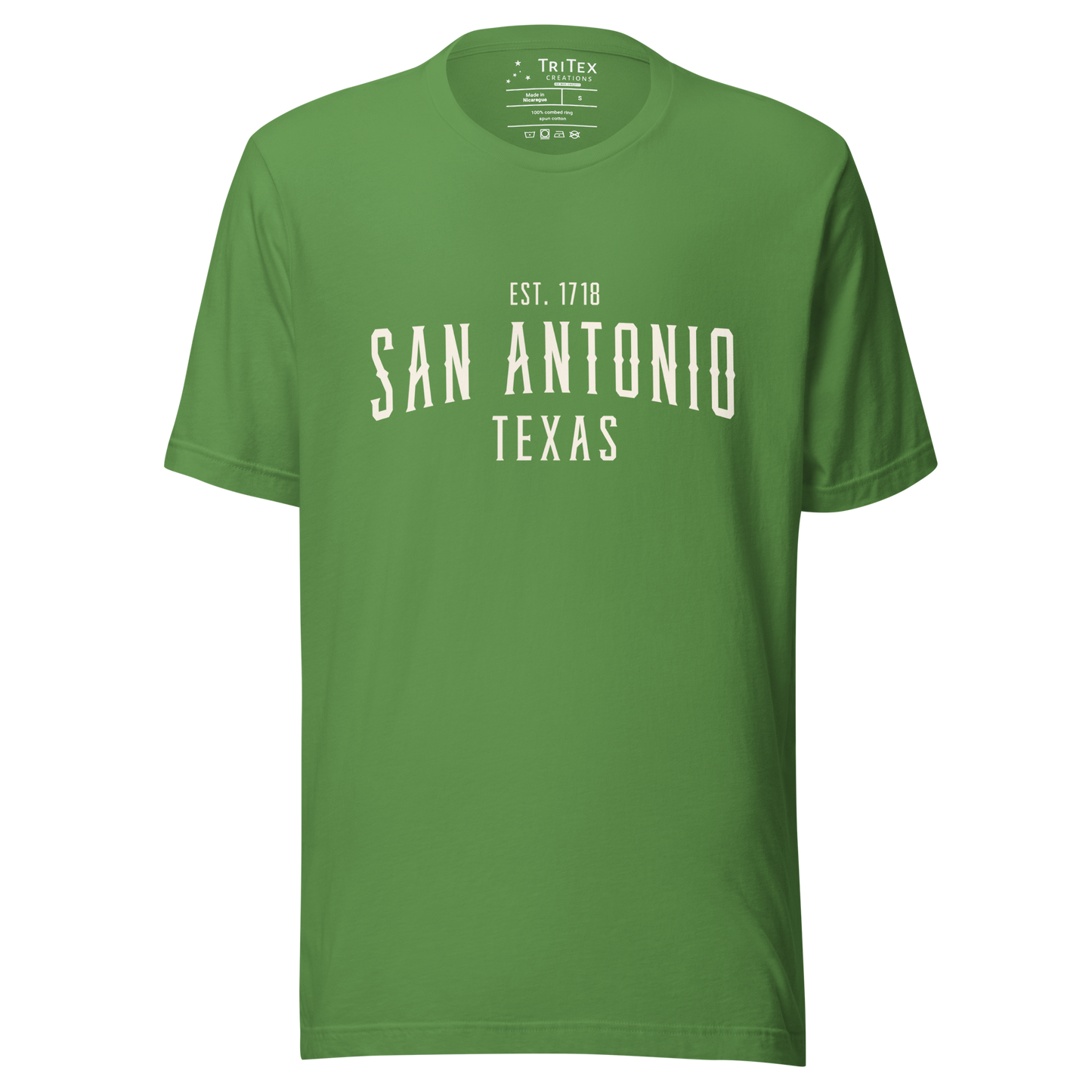 A leaf green t-shirt with the words "San Antonio Texas Est. 1853".