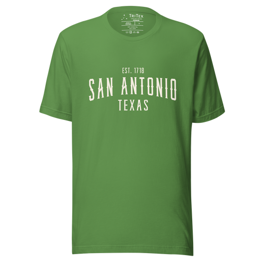 A leaf green t-shirt with the words "San Antonio Texas Est. 1853".