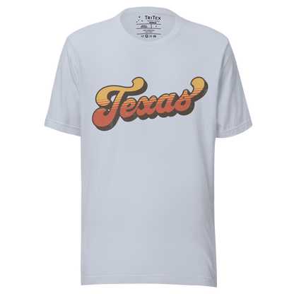 A light blue t-shirt with a retro style Texas in a vintage font.