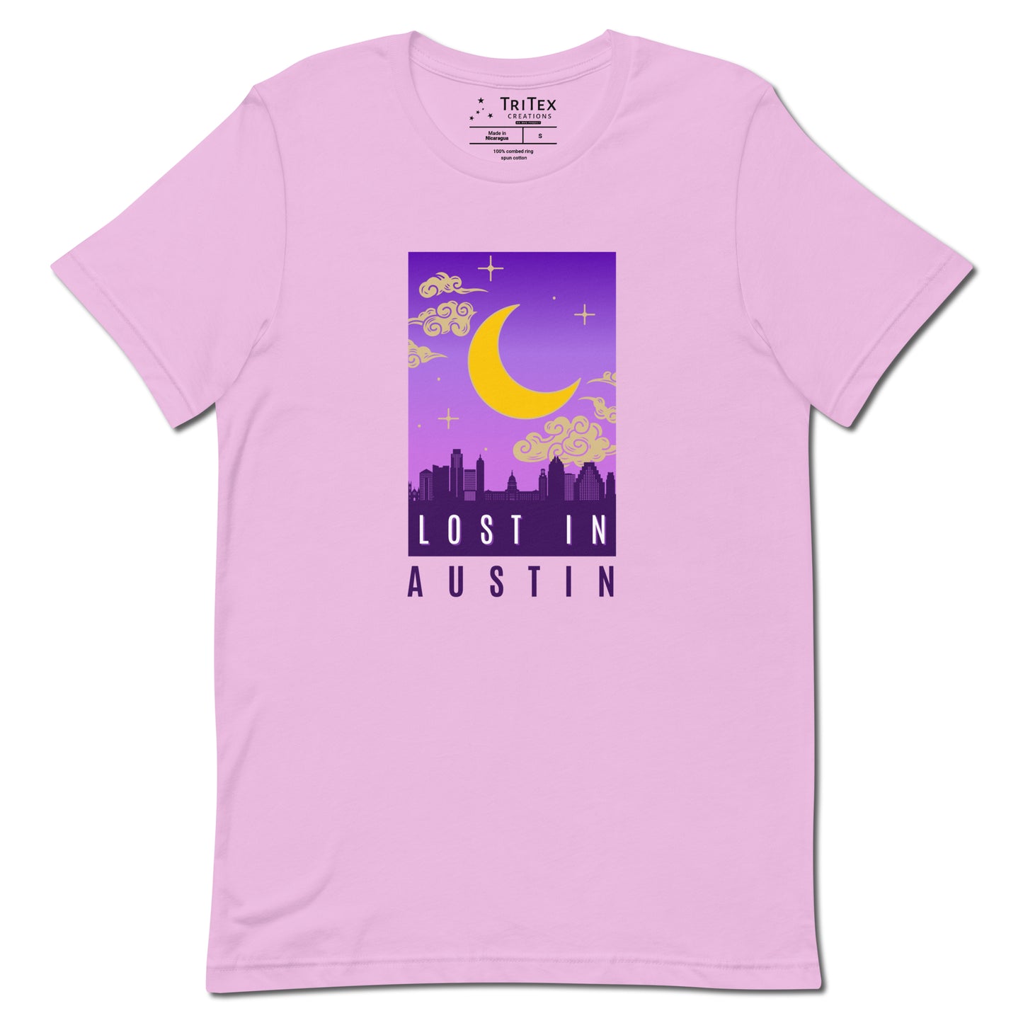 A lilac t-shirt featuring the moon over the Austin skyline with the words "Lost in Austin".