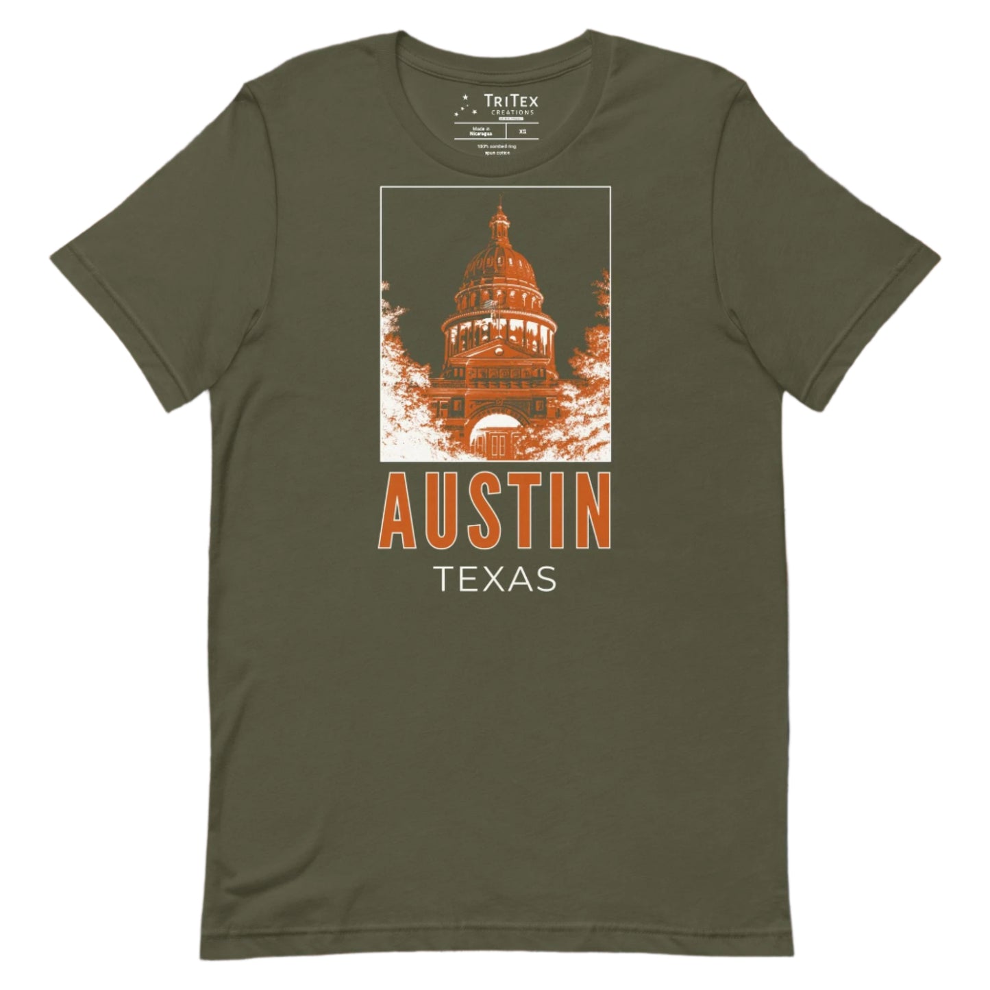 A military green t-shirt featuring an image of the Texas Capitol Building with the words "Austin, Texas" underneath.