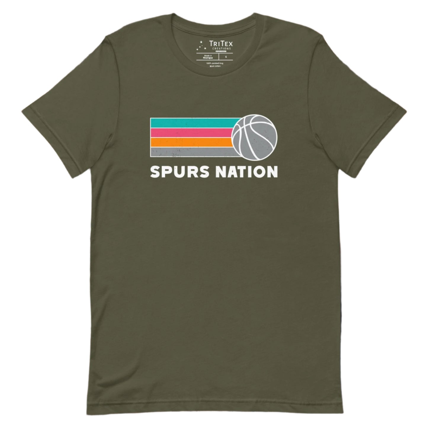 A military green t-shirt featuring teal, pink, orange, gray stripes and a gray basketball with the words "Spurs nation".