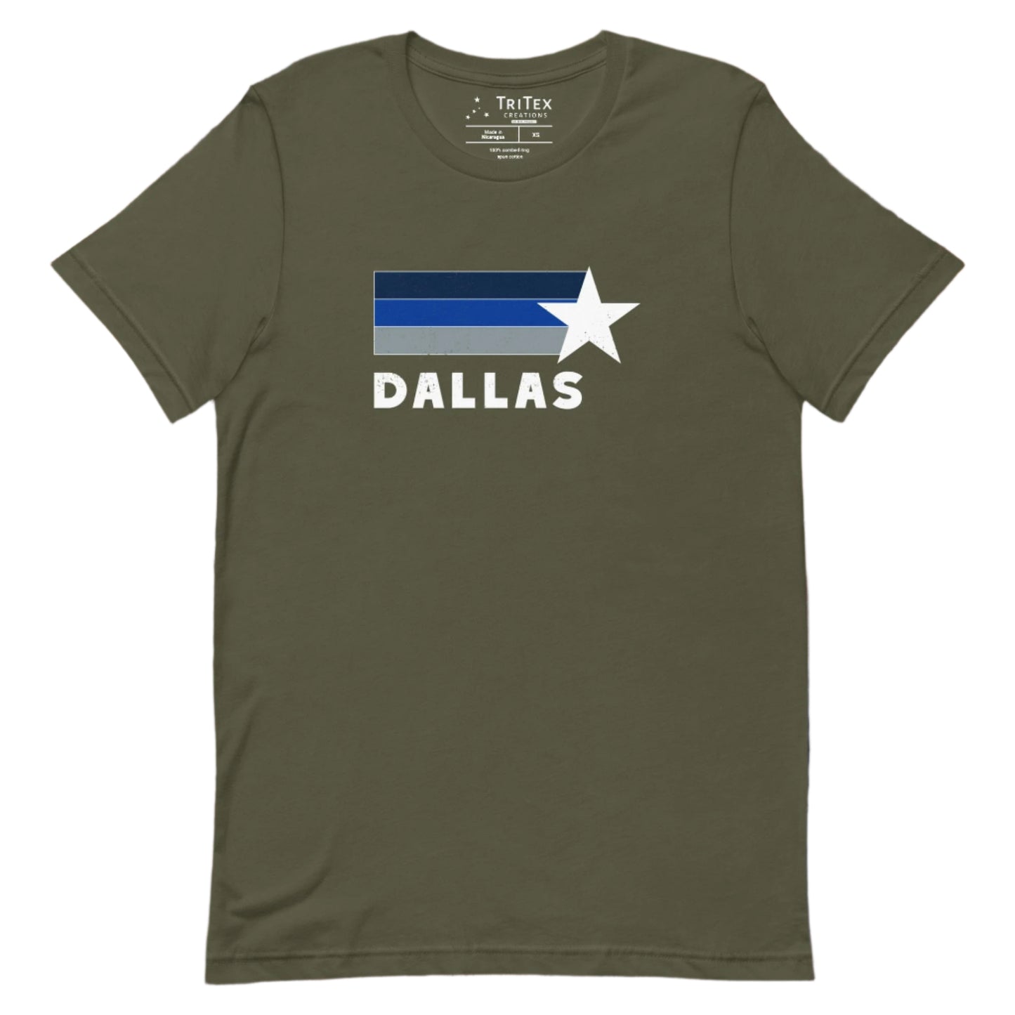 A military green t-shirt featuring navy blue, royal blue, gray stripes and a white star with the word "Dallas".