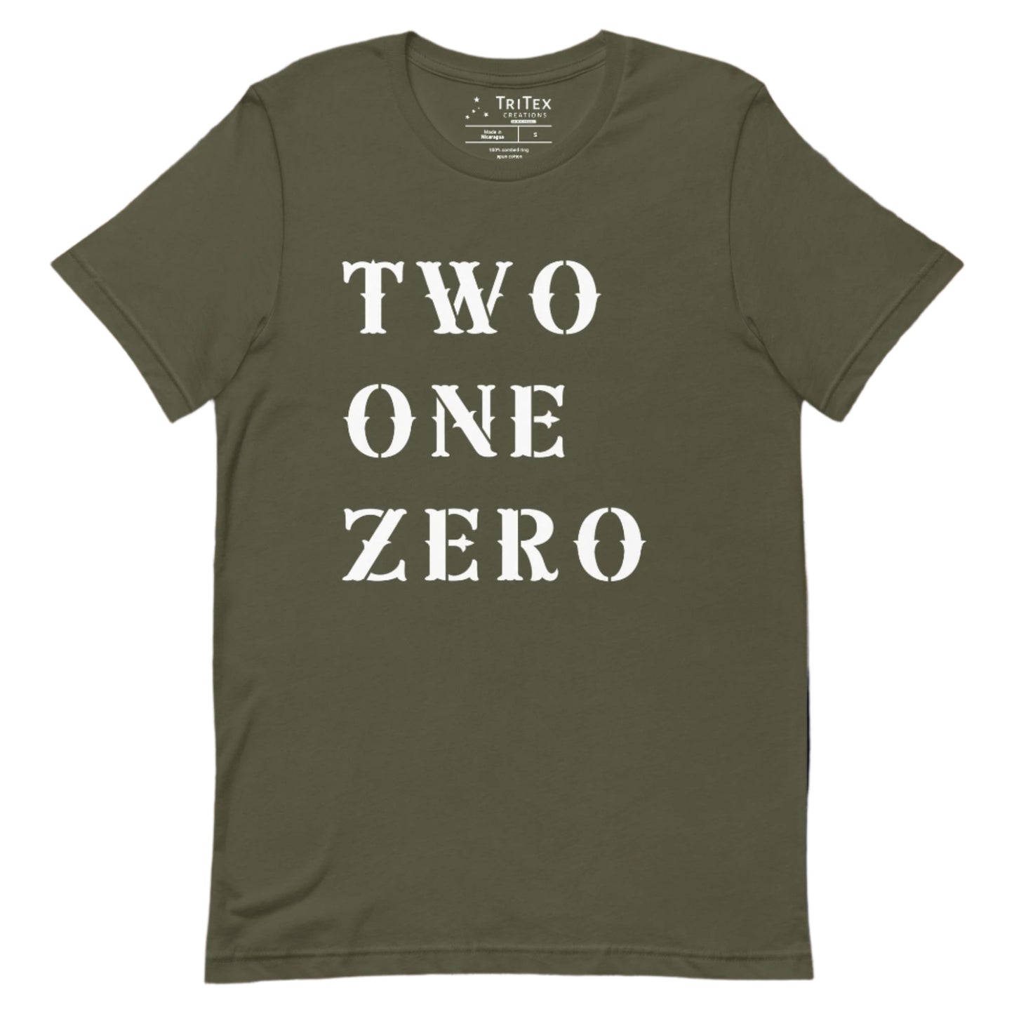 A military green t-shirt with the text "TWO ONE ZERO".