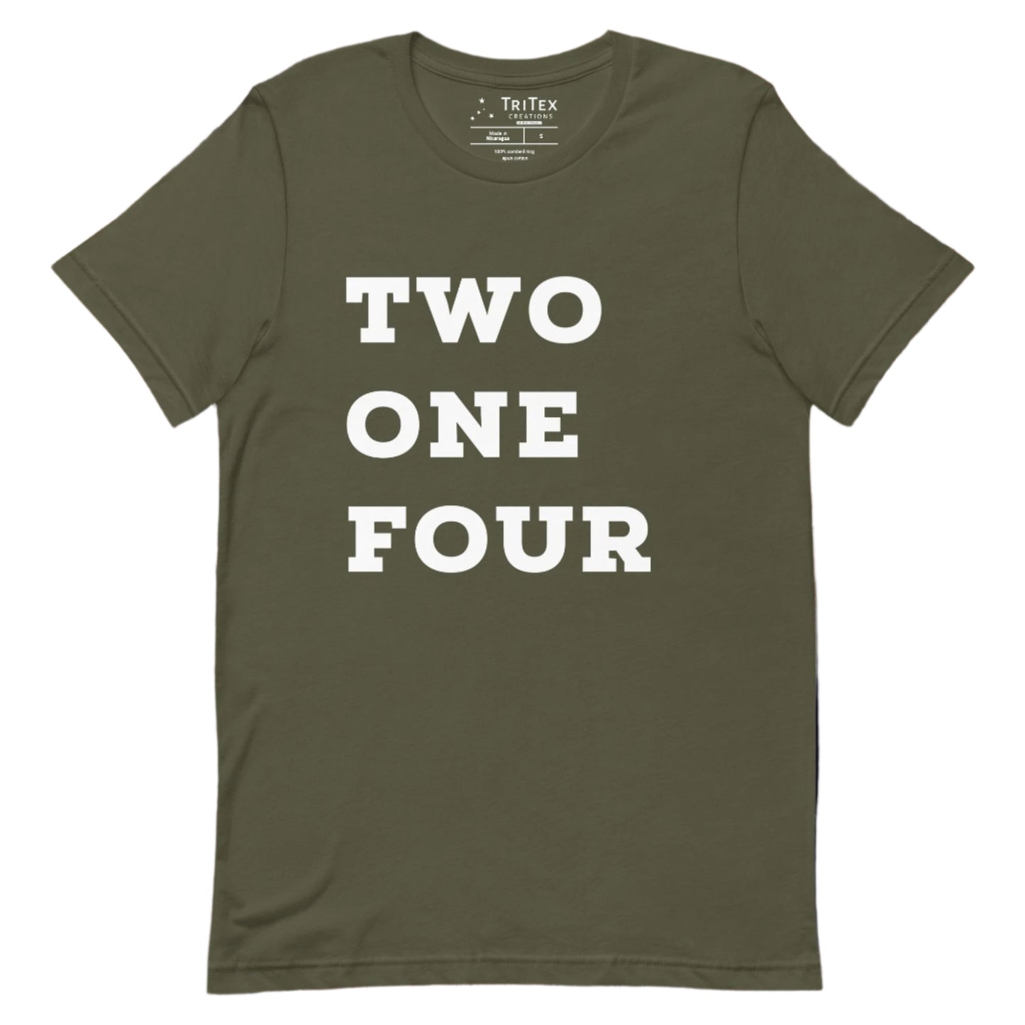 A military green t-shirt with the text "TWO ONE FOUR".