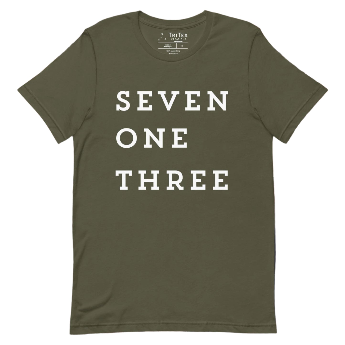 A military green t-shirt with the text "SEVEN ONE THREE".