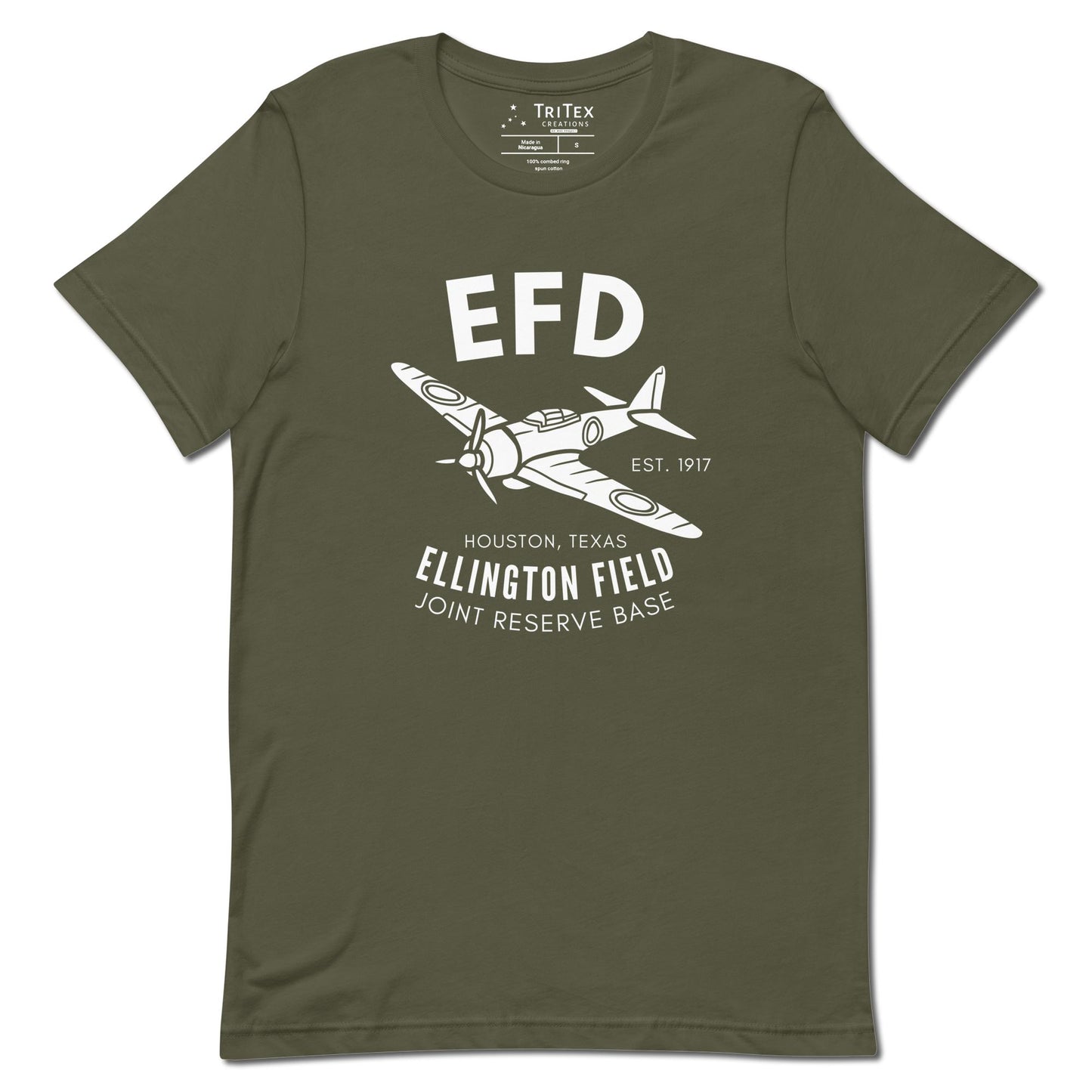 A military green t-shirt featuring a vintage fighter lane with the words "EFD Est. 1917 Houston, Texas Ellington Field Joint Reserve Base".