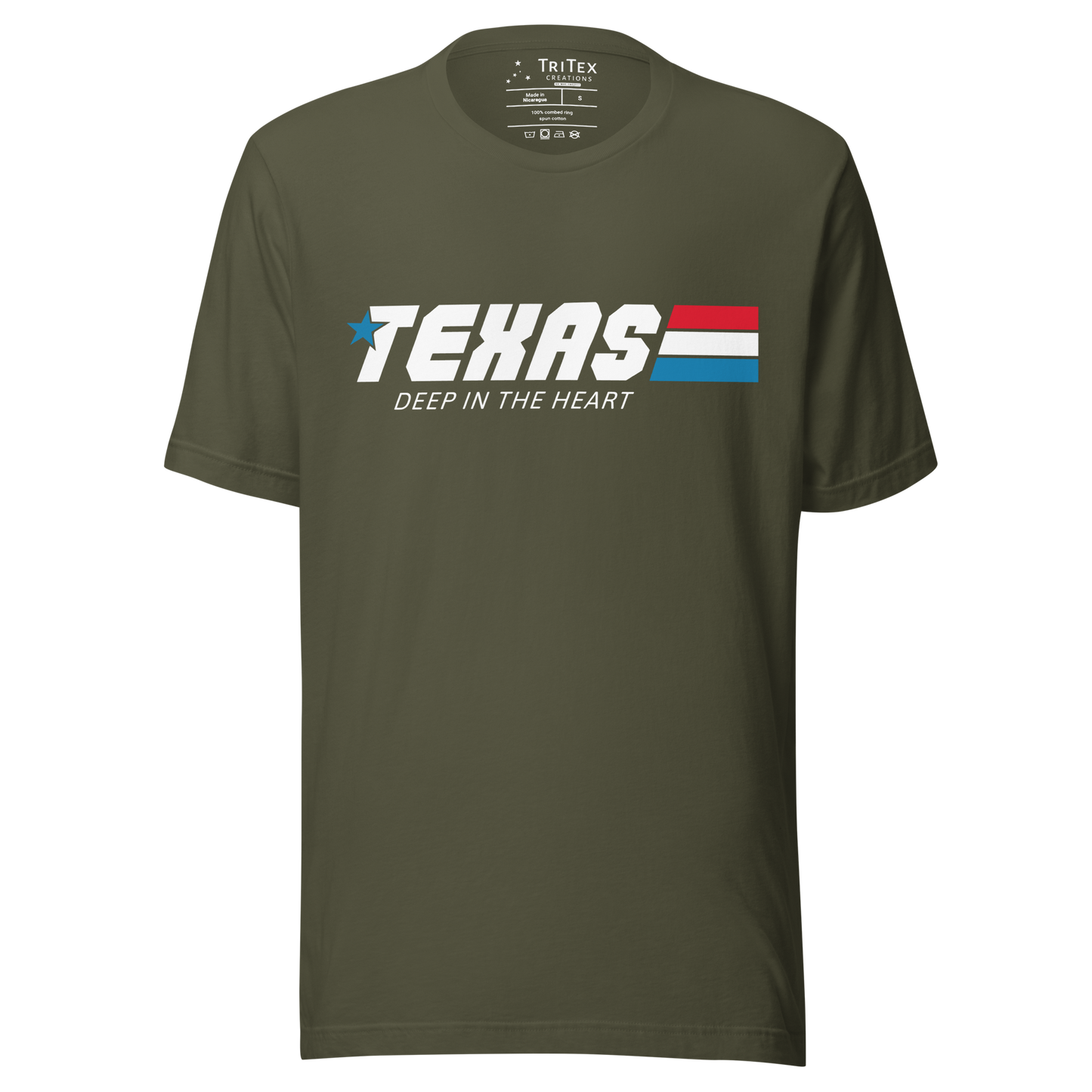 A military green t-shirt with the words "Texas. Deep in the heart" styled like an 80s cartoon show logo.