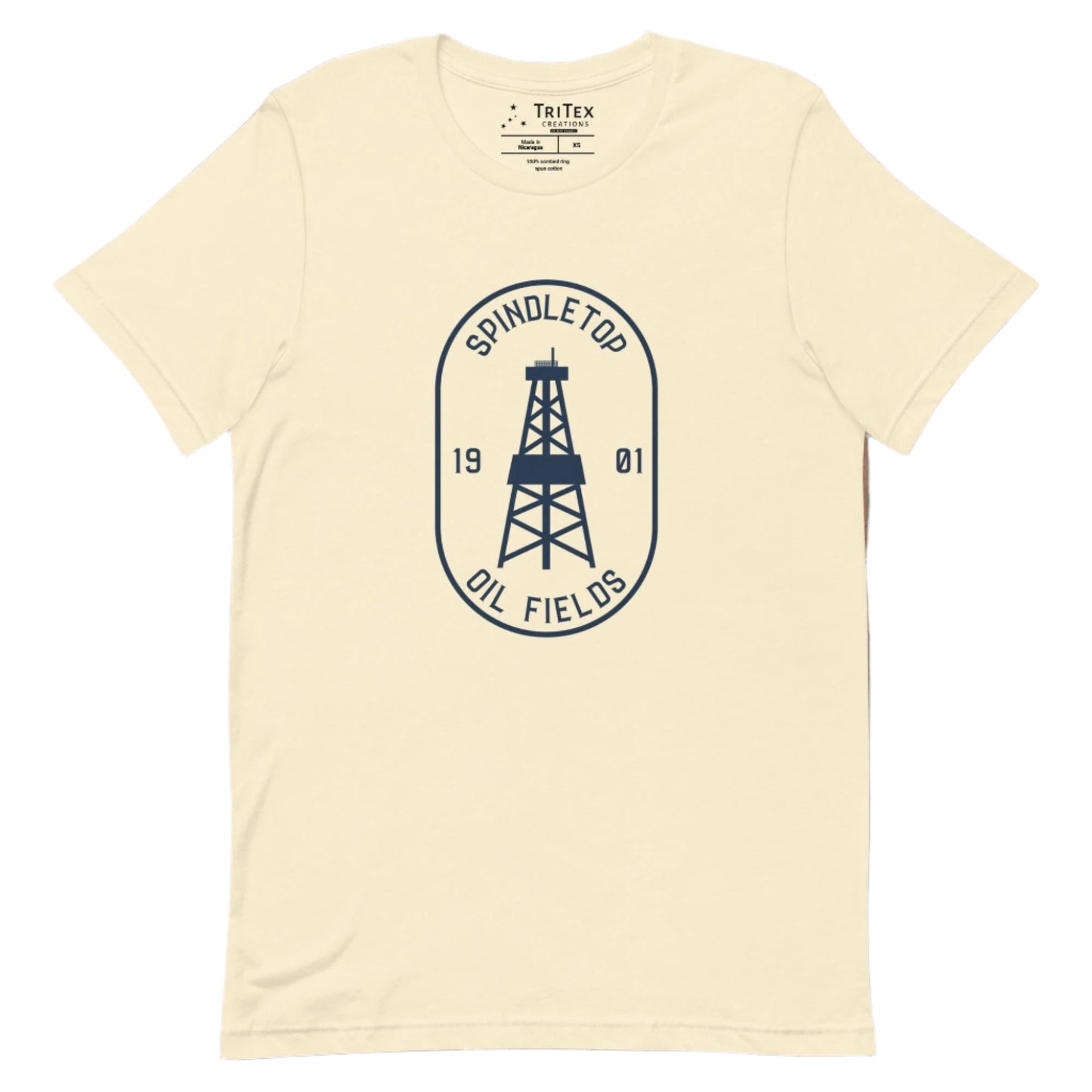 A natural t-shirt featuring an oil tower with the words "Spindletop oil fields 1901".