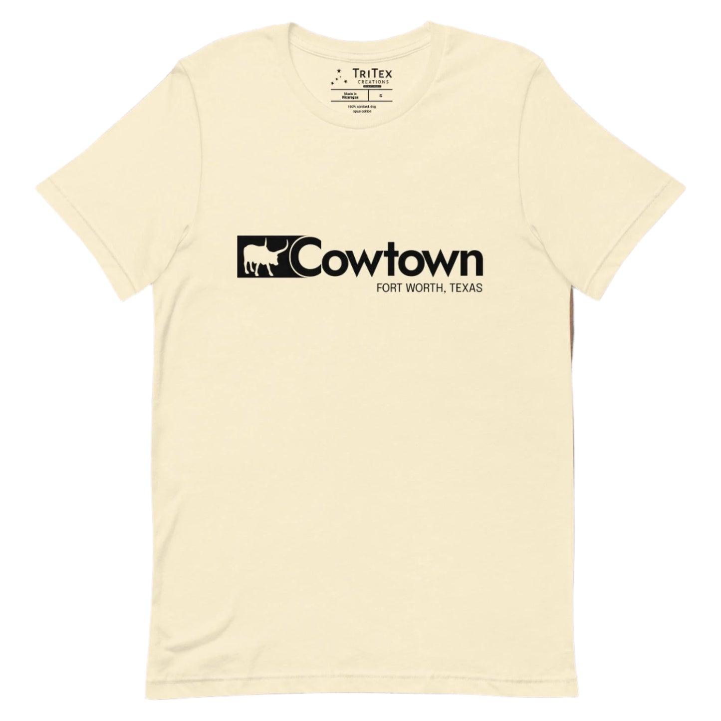 A natural t-shirt which reads "Cowtown Fort Worth, Texas" in the style of the Wrangler logo.