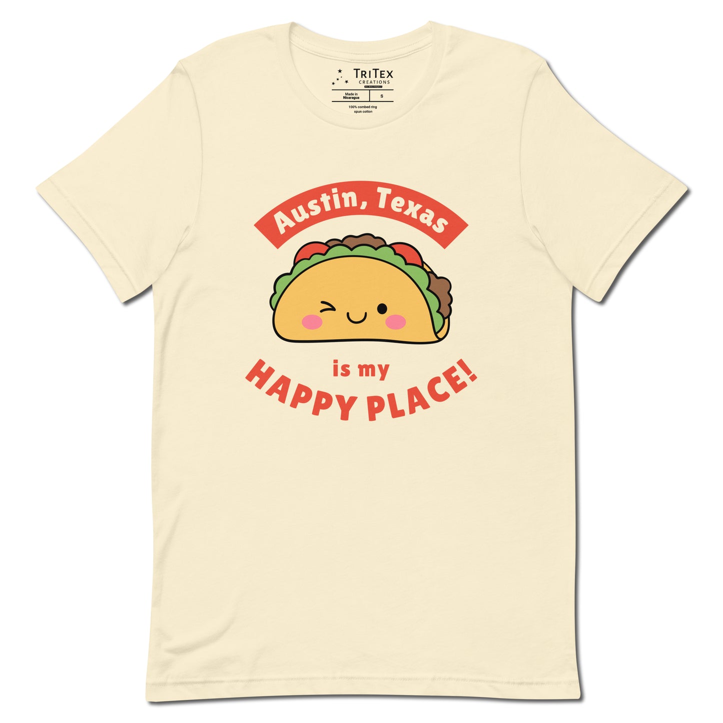 A natural-colored t-shirt featuring a smiling, winking cartoon taco with the words "Austin, Texas is my happy place!".