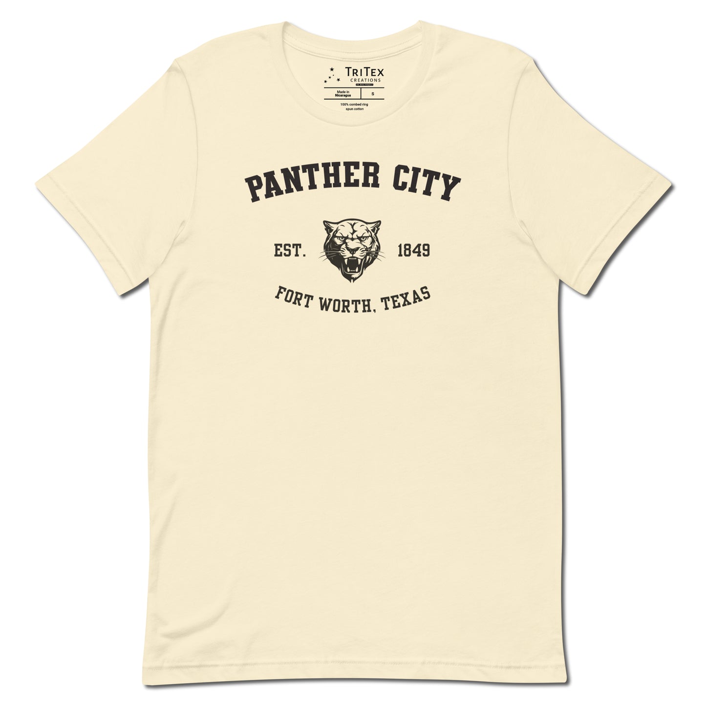 A natural t-shirt featuring a graphic image of a growling panther's head with the text "Panther City Est. 1849 Fort Worth, Texas".