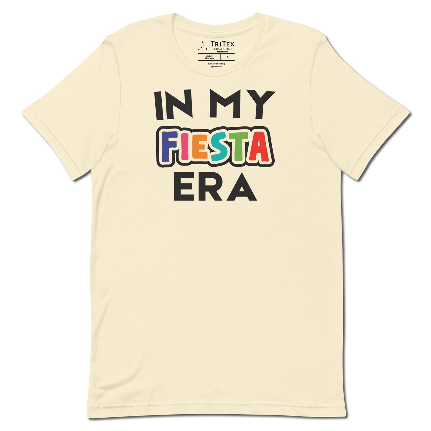 A natural-colored t-shirt that reads "In My Fiesta Era" with Fiesta in Southwestern colors.