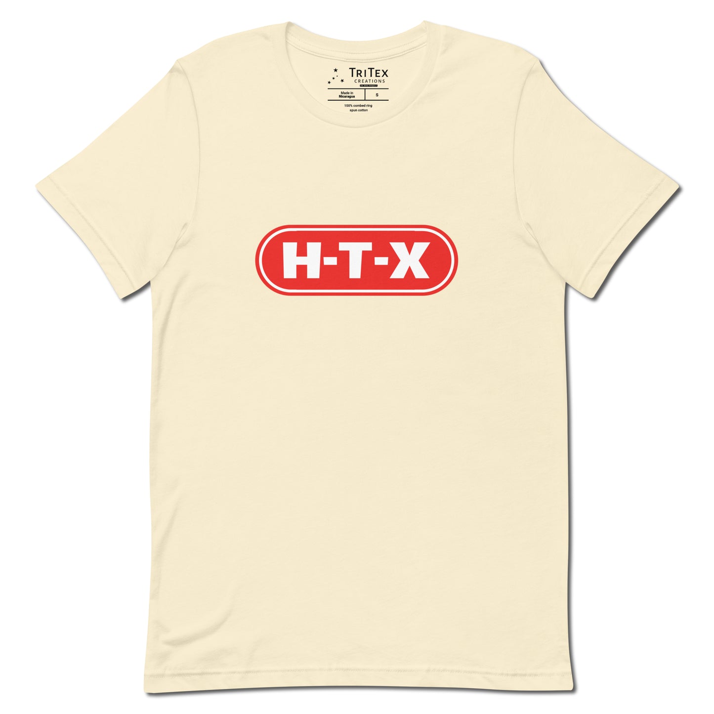 A natural-colored t-shirt with the text "H-T-X" in the style of the H-E-B logo.