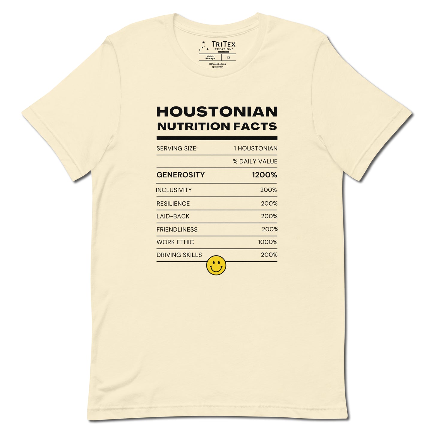 A natural-colored t-shirt with a list of descriptive characteristics of someone that lives in Houston.