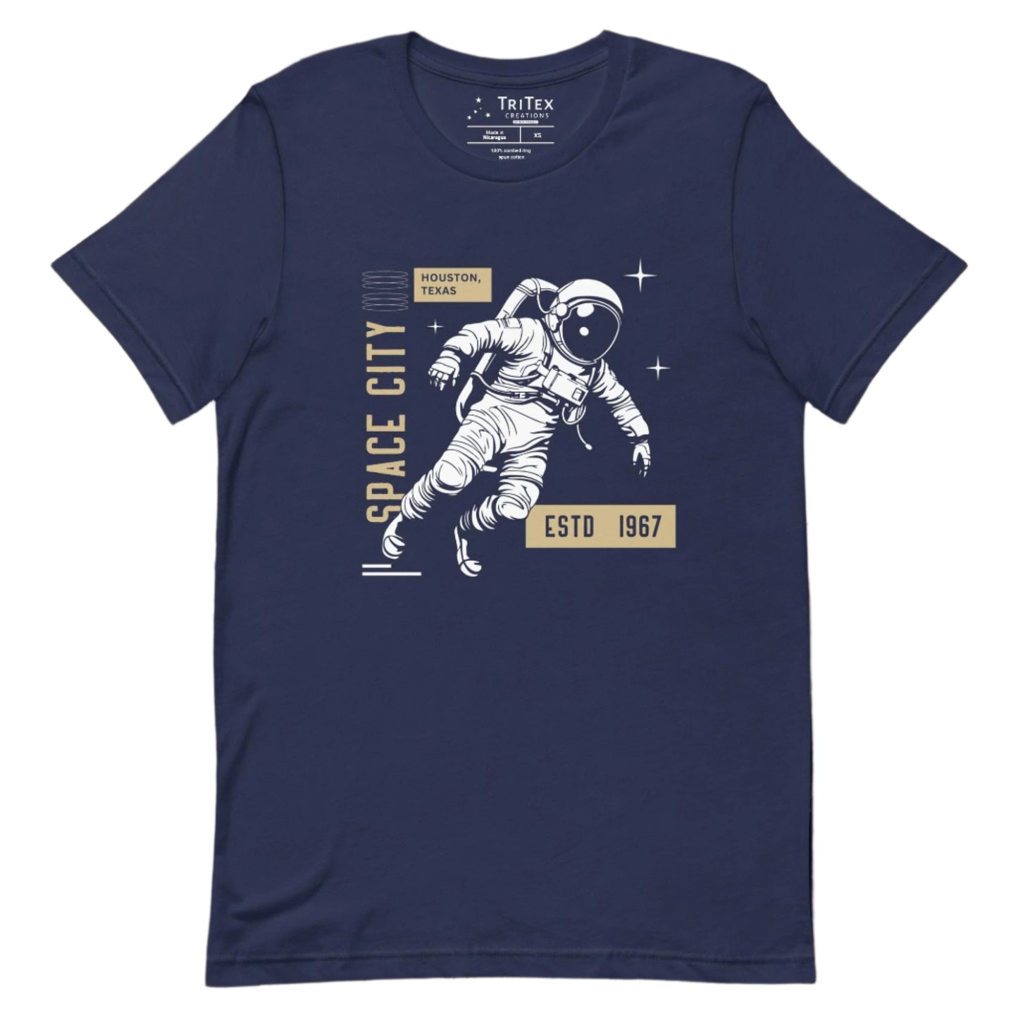 A navy t-shirt featuring an astronaut with the words "Space City. Houston, Texas. Estd. 1967".