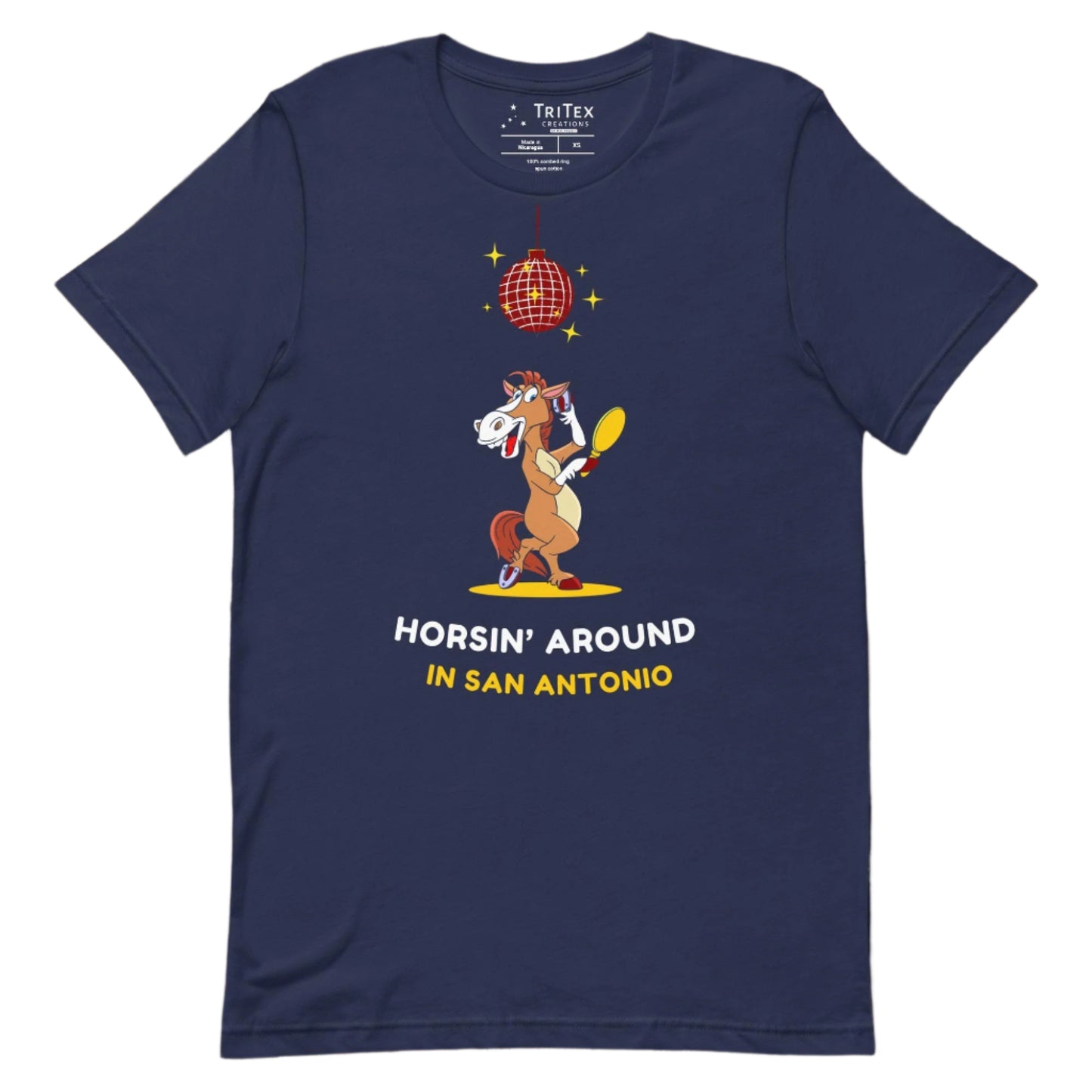 A navy t-shirt featuring an image of a cartoon horse primping under a sparkling disco ball with the words "Horsin' around in San Antonio".