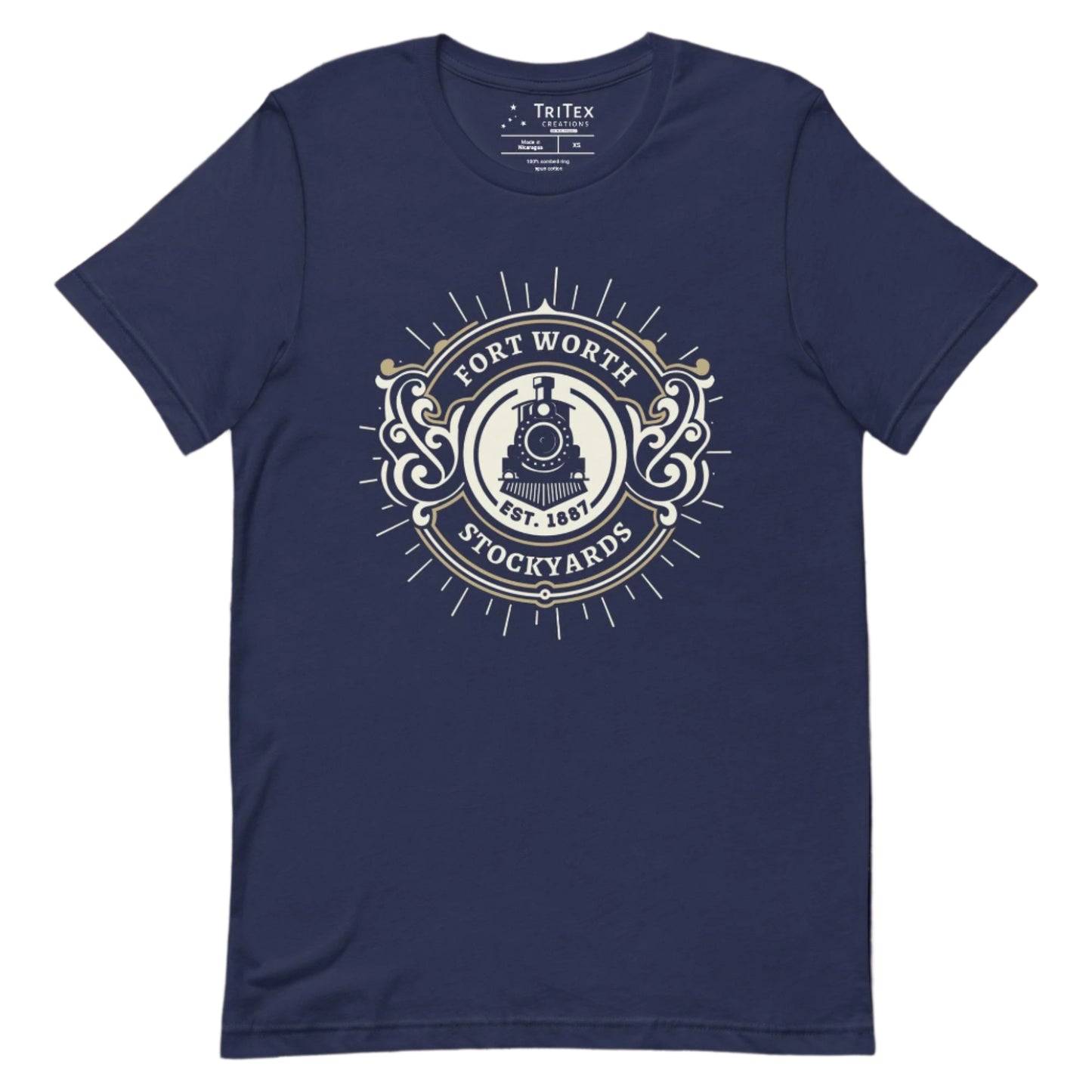 A navy t-shirt featuring a vintage locomotive and the text "Fort Worth Stockyards Est. 1887".