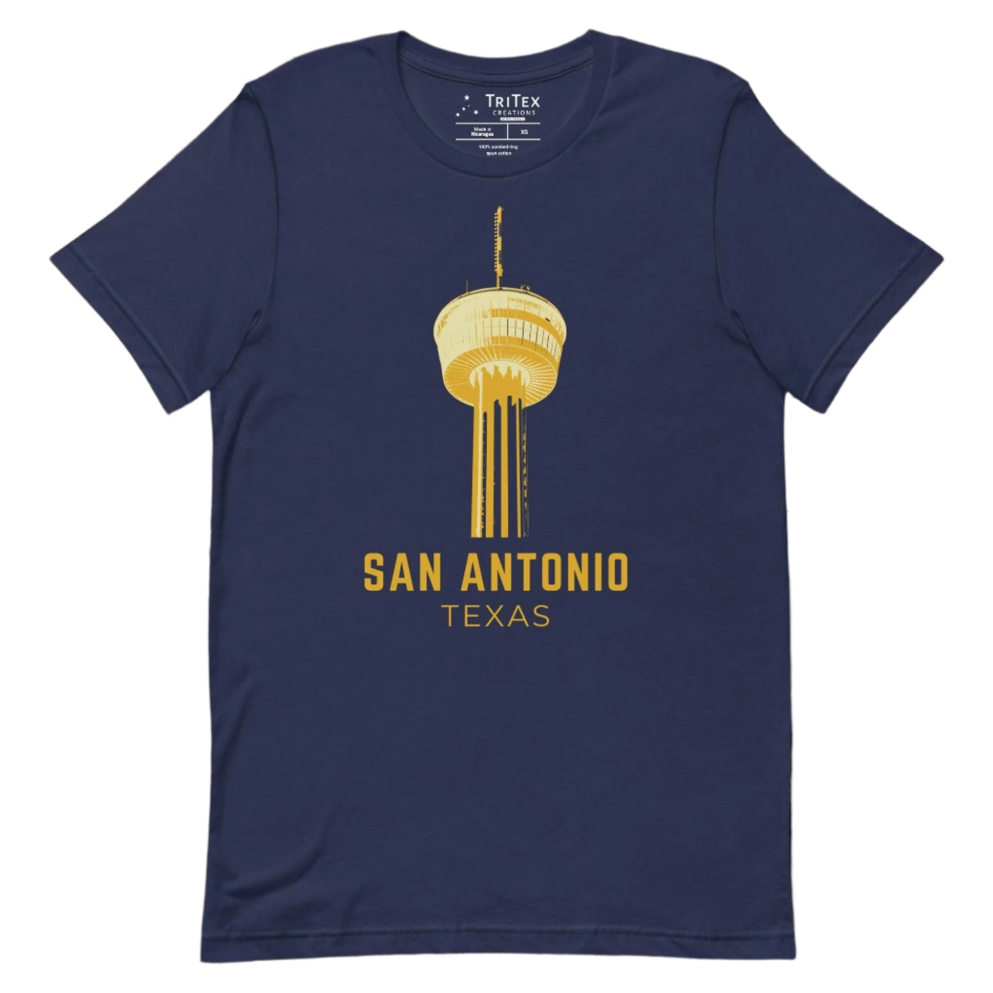 A navy t-shirt featuring the Tower of the Americas with the words "San Antonio Texas".