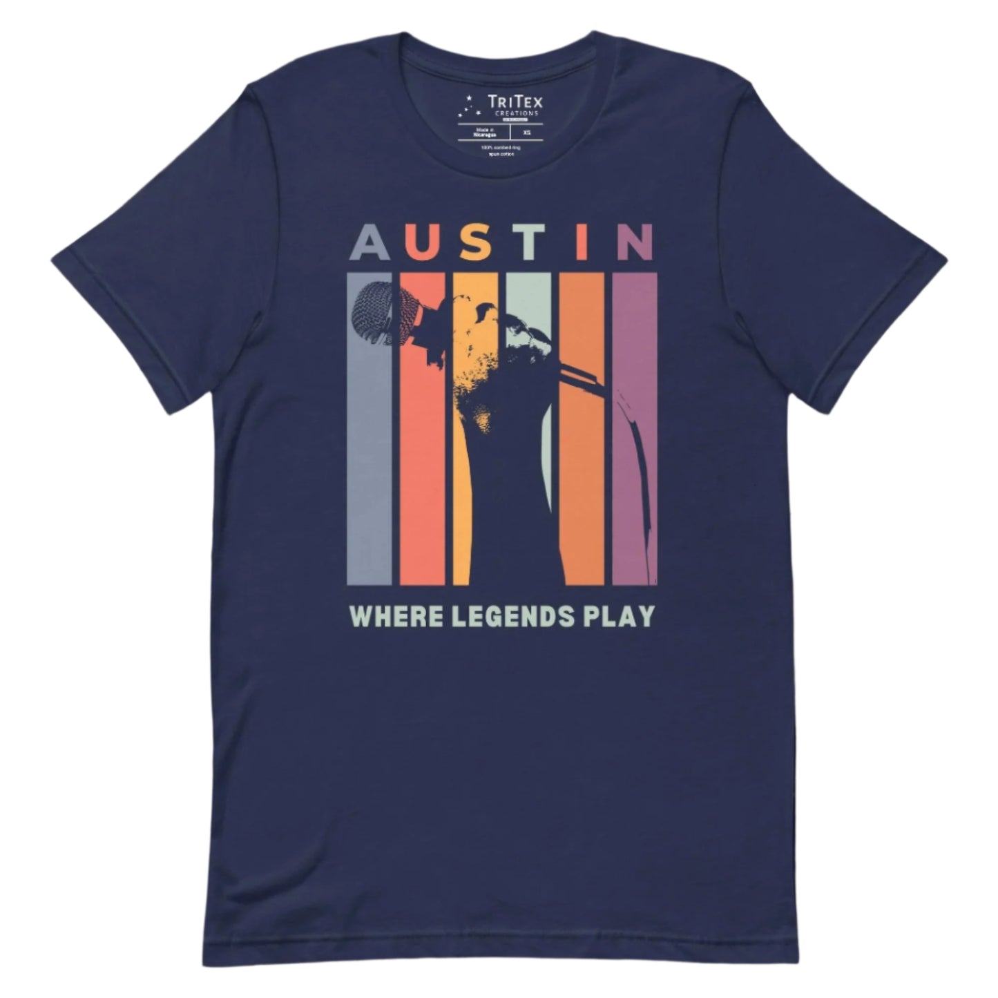 A navy t-shirt featuring a silhouette of a hand holding a microphone with the words "Austin. Where legends play".