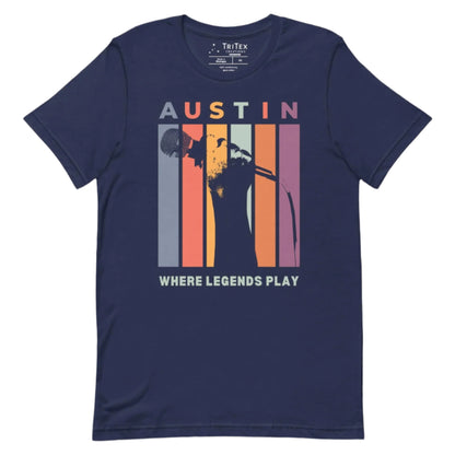A navy t-shirt featuring a silhouette of a hand holding a microphone with the words "Austin. Where legends play".